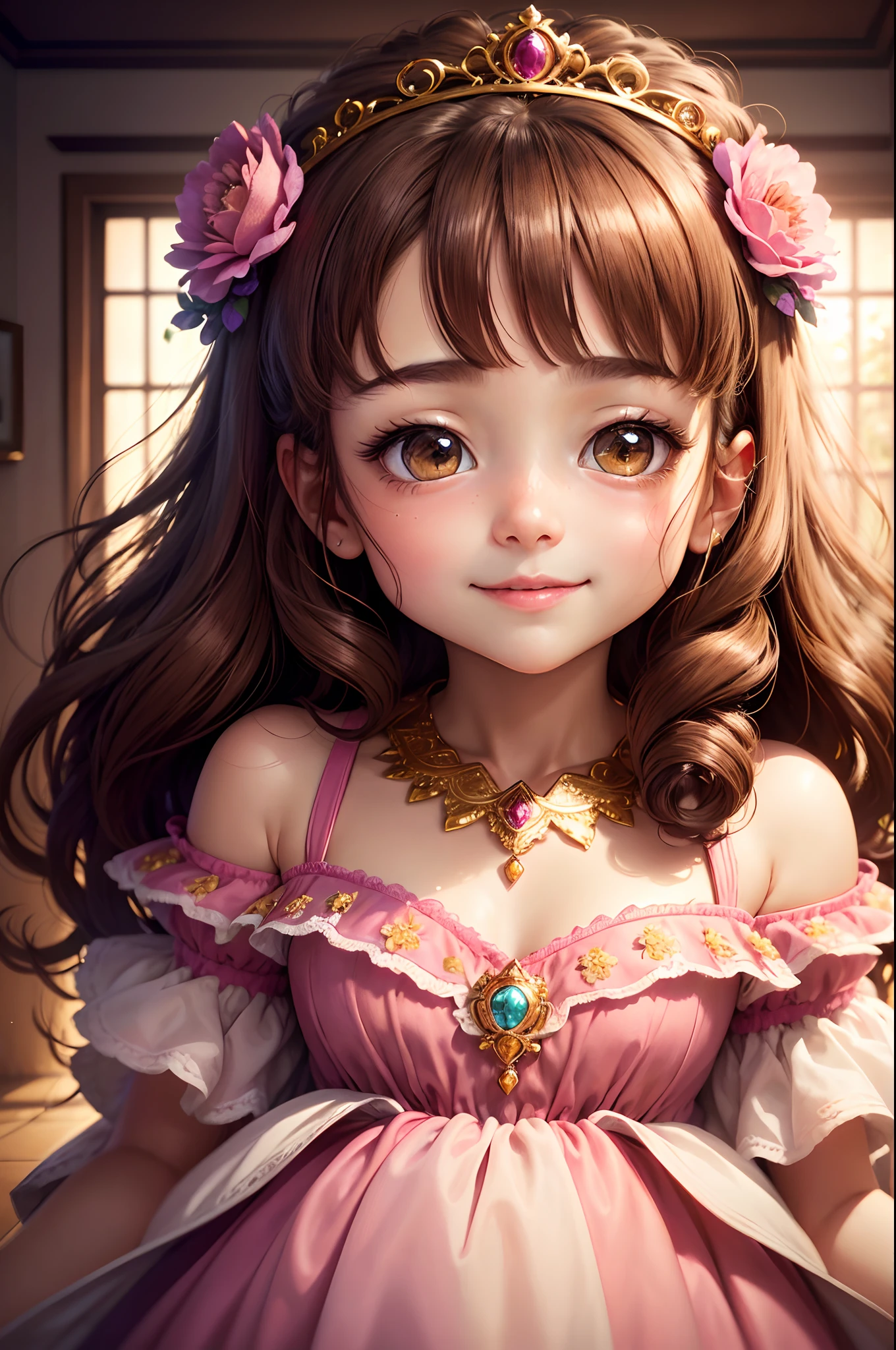 (Best Quality,hight resolution,masutepiece:1.2),Ultra-detailed,Portrait,Painting,Happy,Vibrant colors,Soft light,Warm tones,detailed dress,Sparkling tiara,Floral background,playful expression,Adorable:1.1,long eyelashes,Beautiful dark brown eyes,rosy cheeks,Pleasant moments,Curly hair,Brown skin,Round face