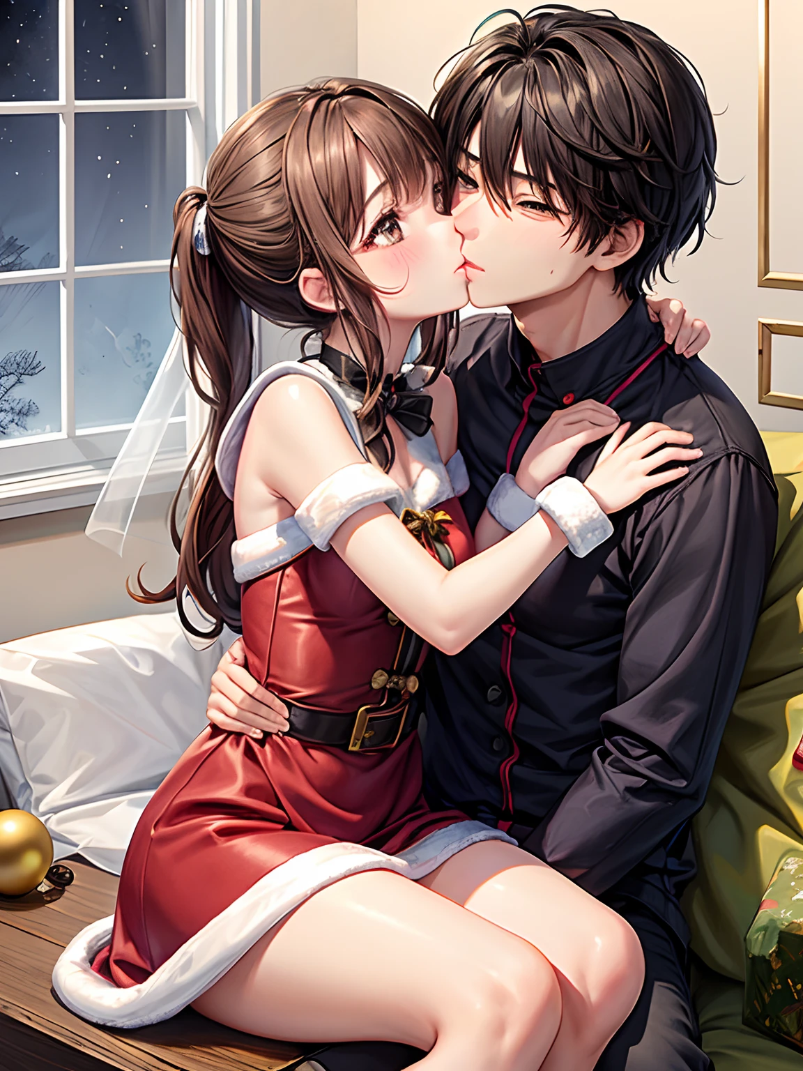 1womanl、1male people、Brown hair、Brown eyes、Best Quality、ultra-detailliert、8 Resolution、Raw photo、masutepiece、Perfect body、high-level image quality、top-quality、Detailed drawing、Vibrant colors、18year old、cute little、up of face、Christmas、Girl dressed as Santa Claus、seductive boobs、Male and female couples、girl sitting on a boy's lap。Girl straddling a boy。Mash Cut Boys。Boy's provocative gaze、The girl has a shy look、 Blushing,embracing each other、lovey-dovey、Flirting、Kiss between man and woman、