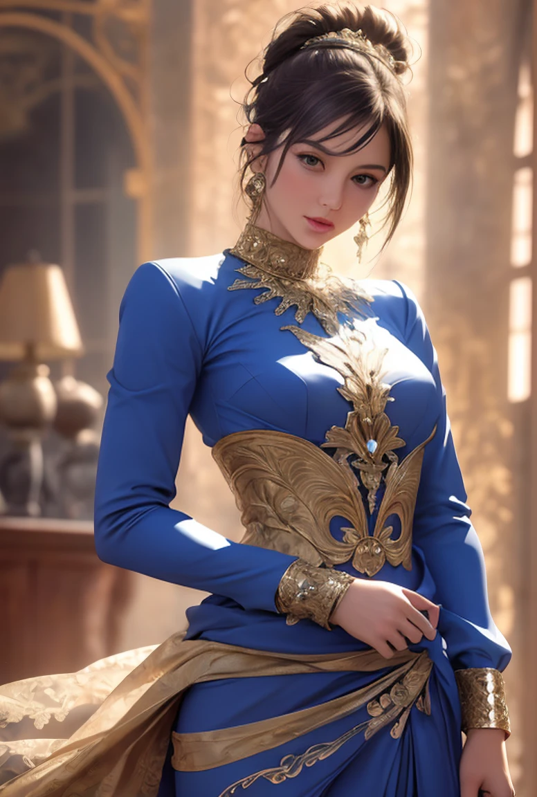 A beautiful princess in a blue and gold Corset and suit, majestic look, extremely detailed artgerm, artgerm. high detail, artgerm detailed, style artgerm, artgerm style, in style of artgerm, samira from league of legends, cinematic goddess body shot, style of artgerm, alena aenami and artgerm