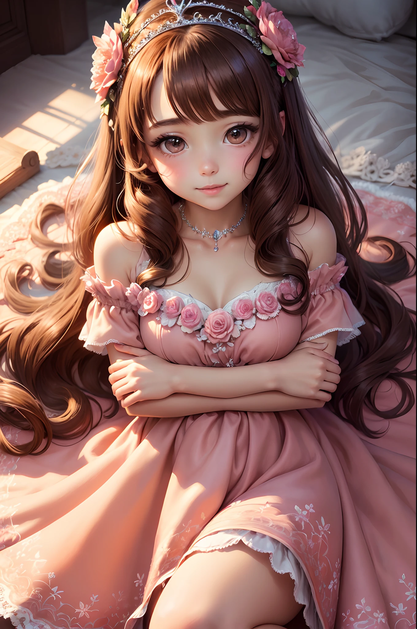 (Best Quality,hight resolution,masutepiece:1.2),Ultra-detailed,Portrait,Painting,Happy,Vibrant colors,Soft light,Warm tones,detailed dress,Sparkling tiara,Floral background,playful expression,Adorable:1.1,long eyelashes,Beautiful dark brown eyes,rosy cheeks,Pleasant moments,Curly hair,Brown skin,Round face