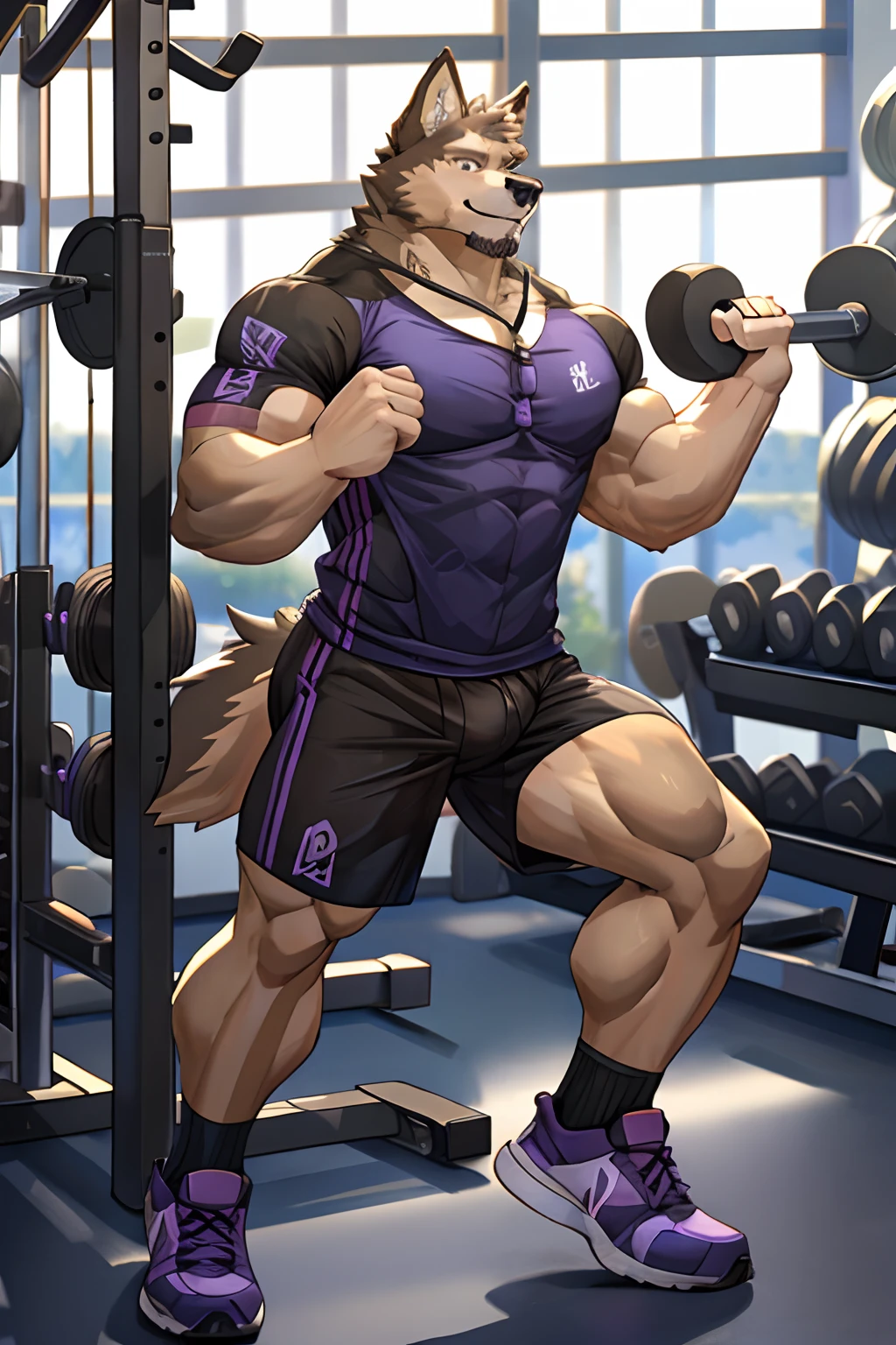 Purbaseer, Furry German Shepherd Dog, Brown Furs, Purple Eyes, Muscular, Handsome, Good Looking, Gym Set, Exercising, Hot, Gym Background