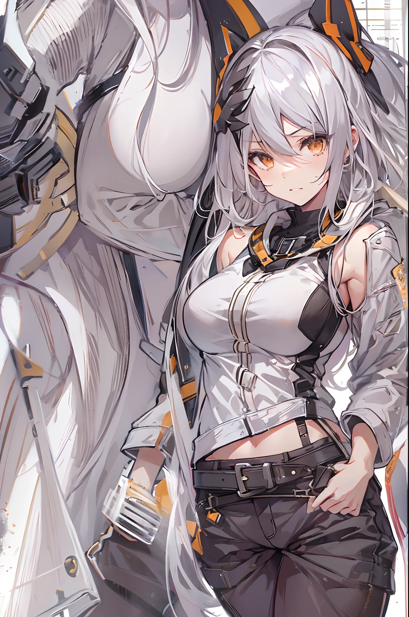 1girl, {solo}, upper body ,{{ {looking at viewer}}}, arm at side, concept art, white background, simple background, white hair, silver gradiient hair , complex cloth, asymmetrical clothes, virtual youtuber, best quality, masterpiece, dynamic angle, guilty gear, guilty gear, guilty gear, cowboy_shot, looking_back, grabbing, girl,woman,female, young,20 years old, very long hair, flipped hair, silver hair, flowing hair, ahoge, smirk, beautiful and delicate golden eyes, teeth, medium_breasts, blonde eyes, white skin, coat, hoodie, black_shorts, grey Clothes, transparent_background, backlighting, absurdres, highres, ultra detailed,