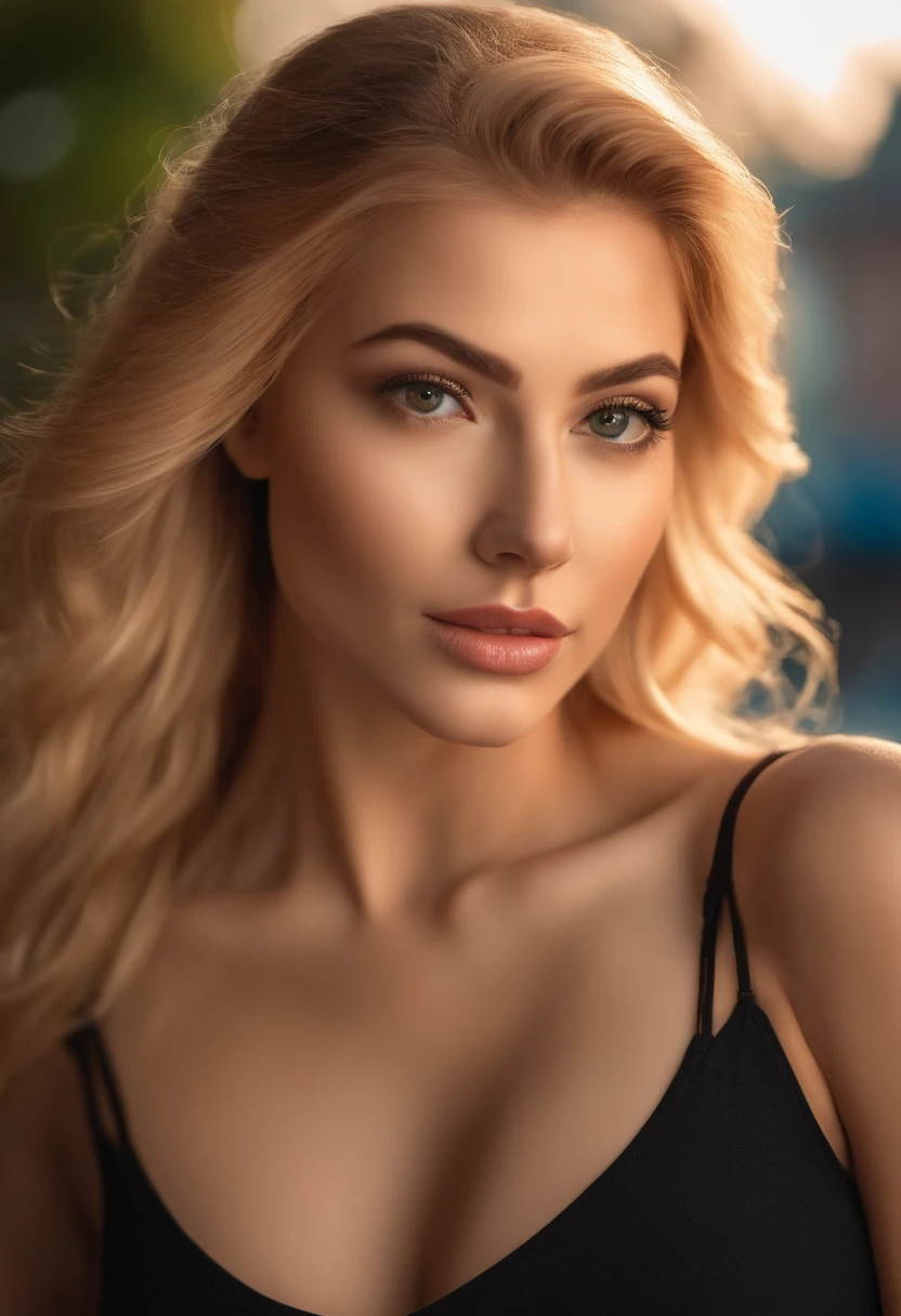 professional, (4k photo:1.1) , high detail, wearing (tight shirt:1.2), beautiful detailed face, an attractive woman with long blonde hair looks into the camera, looking like actress Katherine McNamara, panasonic lumix s pro 50mm f/1.4, anne stokes, color splash, dark orange and dark emerald, ferrania p30, photo realistic, (attractive young woman:1.3), (seductive:1.1), (blushing:1.1), hourglass body shape, big round breasts, wide hips, in background city