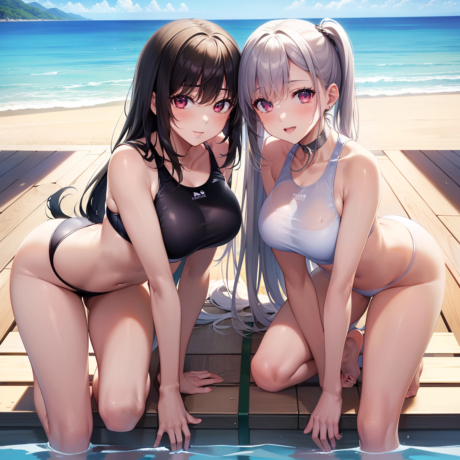 ((Best quality at best)), ((ultra-high-resolution)), (photorealestic:1.4), Lisa,1girls, thights,(Haut du corps), looking at the viewers, looking to the front, black  hair、Nanasaki、Facial、sunburn marks、Competitive swimsuit、Ministry、pools