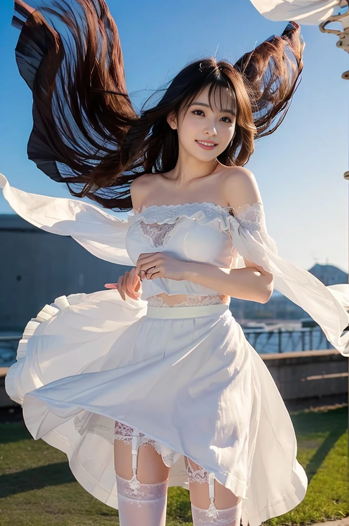 (masterpiece, Highest quality, 8K, High resolution),(Realistic skin texture, Perfect Face, Realistic, Perfect hands, Perfect finger count, Japanese, Girl), (), Big Eyes, Brown eyes, Light brown hair, Super long hair, Red hair ribbon, Small face, Smile, (Lace frilled dress, Cameltoe, Panty shot)), Are standing, Lift up the skirt, Sandy Beach, Hair blowing in the wind, Low - Angle