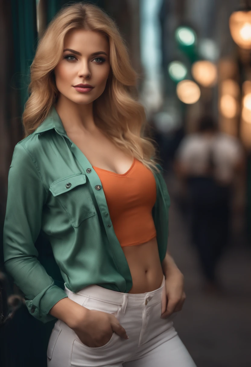 professional, (4k photo:1.1) , high detail, wearing (tight shirt:1.2), beautiful detailed face, an attractive woman with long blonde hair looks into the camera, looking like actress Katherine McNamara, panasonic lumix s pro 50mm f/1.4, anne stokes, color splash, dark orange and dark emerald, ferrania p30, photo realistic, (attractive young woman:1.3), (seductive:1.1), (blushing:1.1), hourglass body shape, big round breasts, wide hips, in background city, white shirt, short jeans