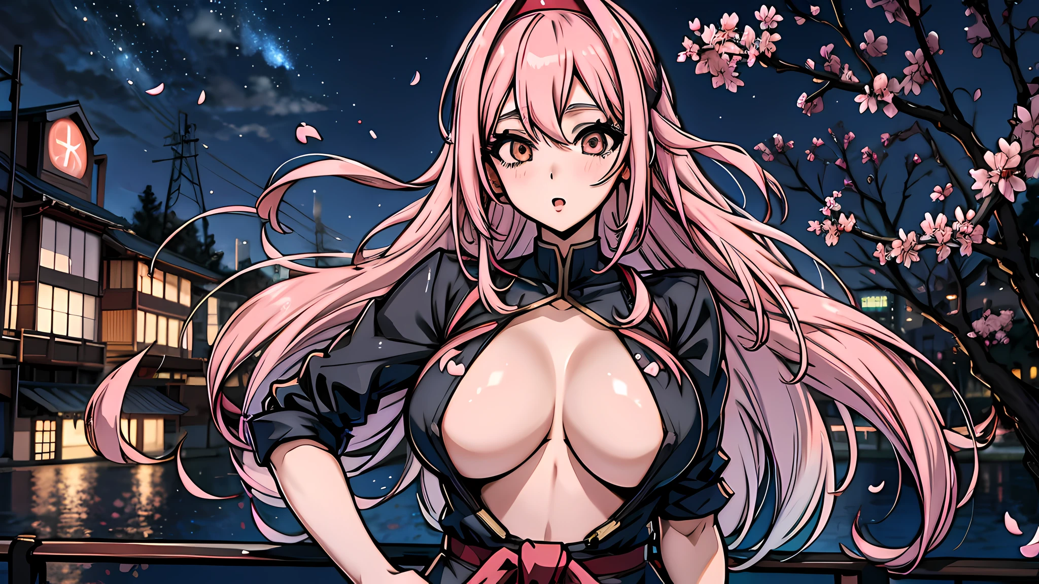 Anime girl with big boos posing in a city at night, anime sedutora, oppai, Melhor Anime 4K Konachan Wallpaper, badass anime 8 k, meninaime feminino, garota anime, menina perfe cabelos brancos, mulher bonita sedutora do anime, Digital anime illustration, arte de anime digital detalhada,(Cherry blossom tree with falling petals, beautiful night sky:1.1), ( Fundo da arquitetura japonesa:1.15)