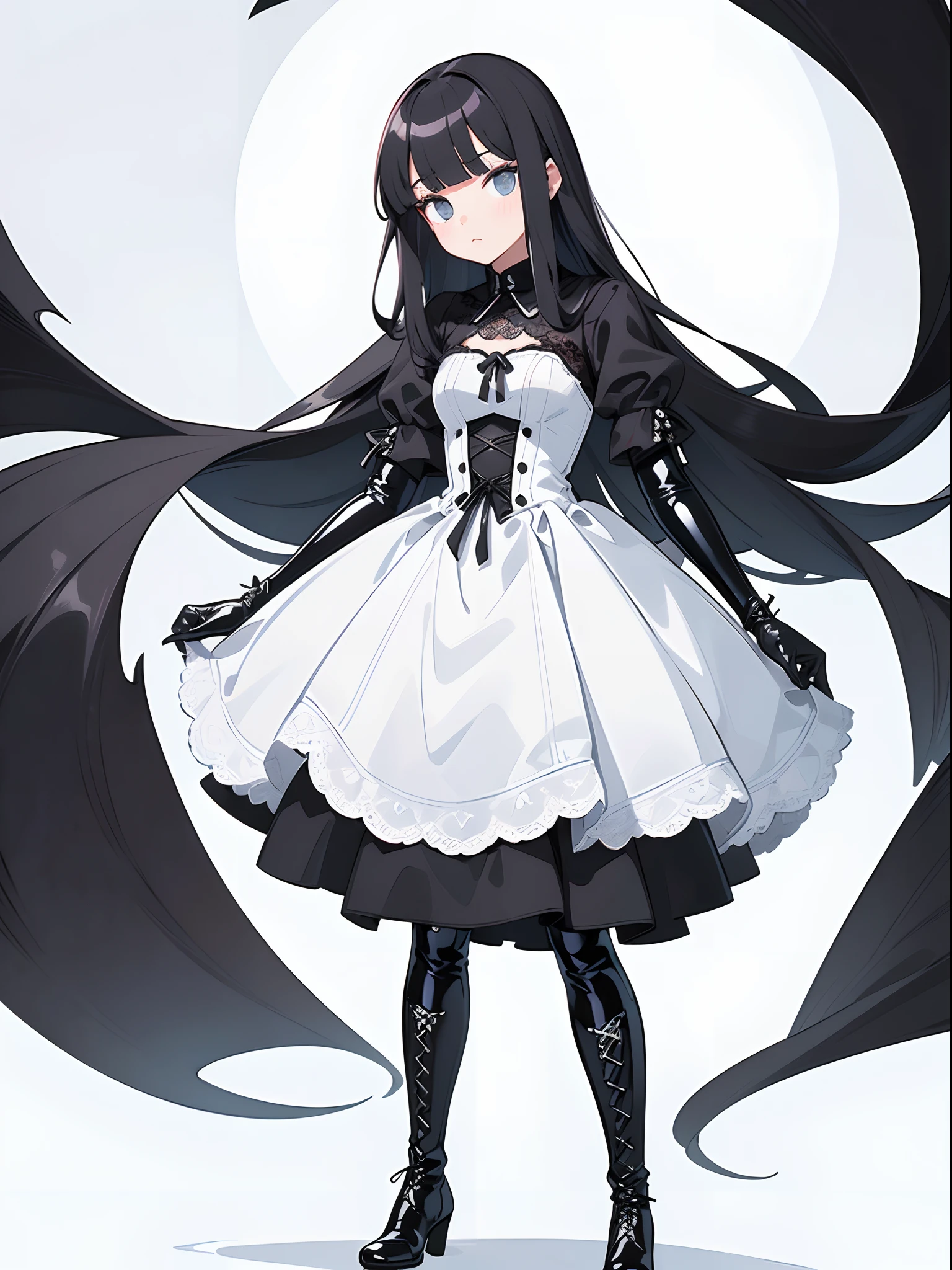 flat design, material design, deformed pop art, Adobe Illustrator, anime character, one gothic ****ta, (bangs bangs:1.5), (long hair down to feet:1.5), gothic dress with detailed lacework, layers of silk and velvet, (black latex gloves:1.3), (white latex lace up boots:1.3).