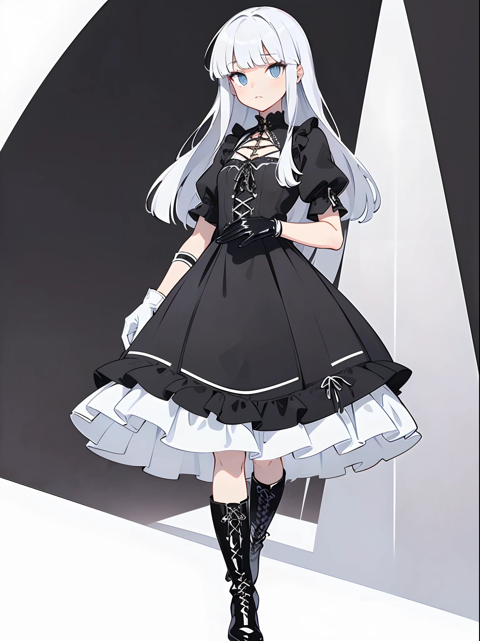 flat design, material design, deformed pop art, Adobe Illustrator, anime character, one gothic ****ta, (bangs bangs:1.5), (long hair down to feet:1.5), gothic dress with detailed lacework, layers of silk and velvet, (black latex gloves:1.3), (white latex lace up boots:1.3).