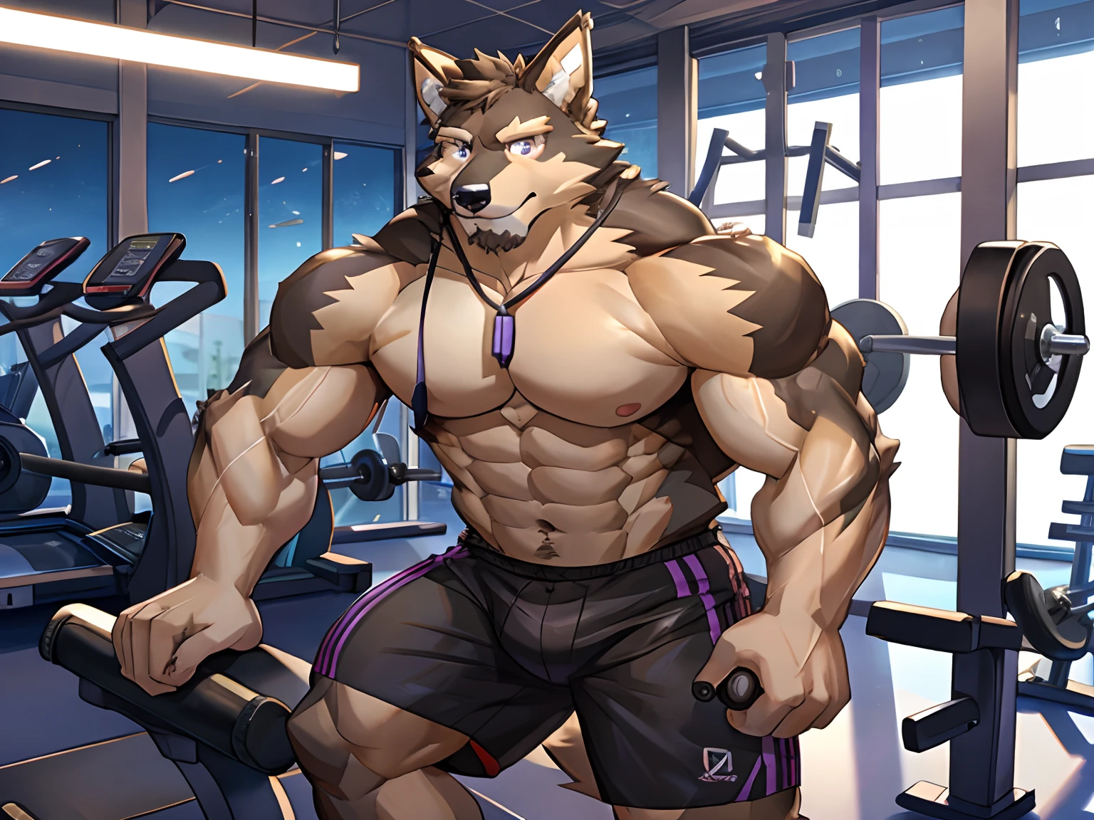 Purbaseer, Furry German Shepherd Dog, Brown Furs, Purple Eyes, Muscular, Handsome, Good Looking, Gym Set, Exercising, Hot, Gym Background