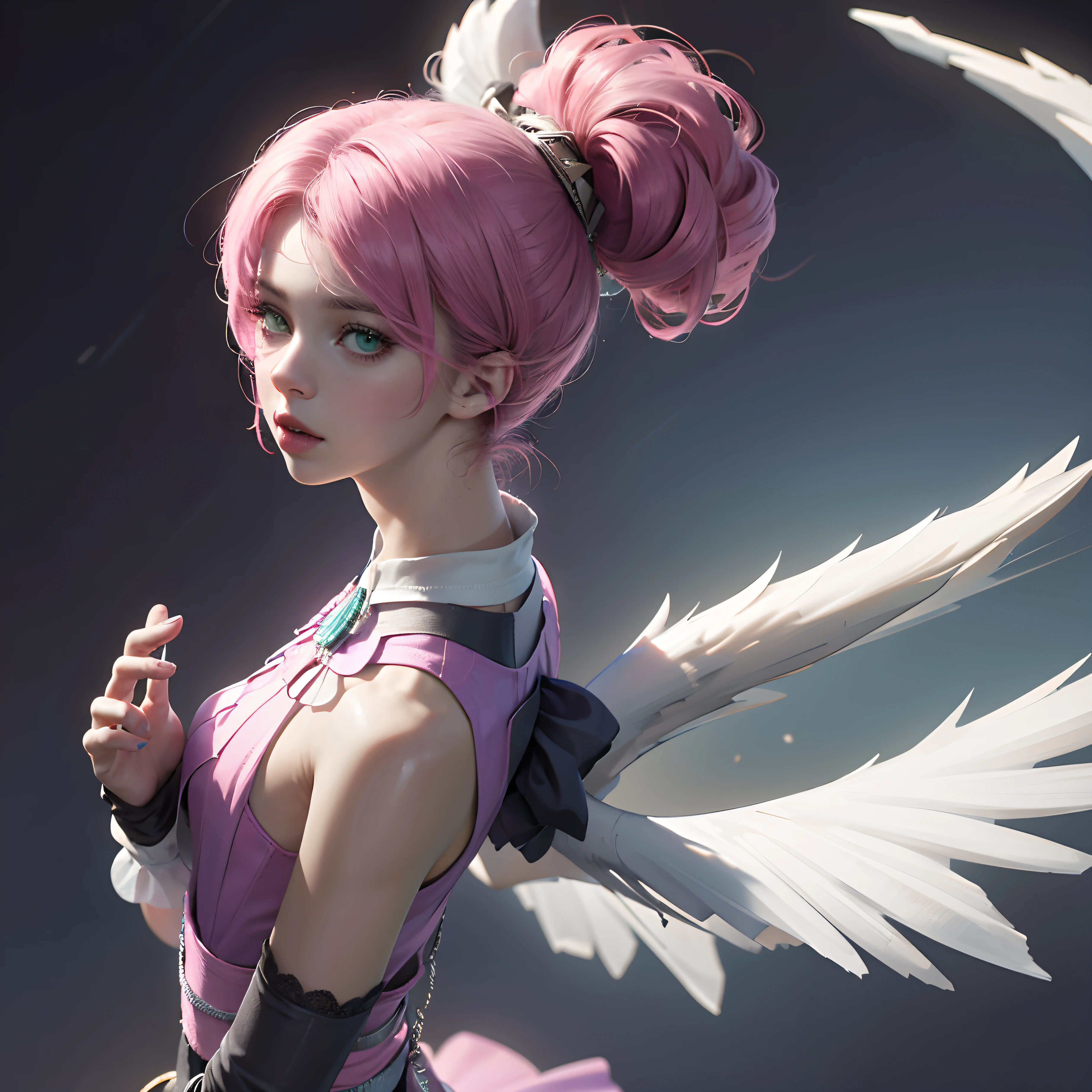 Alisa bosconovitch androide de origem russa, iris dos olhos cintilantes verdes, melhor qualidade, contemporary, estilo plano, minimalismo, Green Eyes Flat Illustration, cabelo rosa, cabelo curto, cabelos multicoloridos, Camisa Preta, mechanical wings, Head Portrait Close-U, peito pontudo, decote, super decote, middlebreasts, Tekken, cabelo rosa pastel, 1girl, em quimono, hand-painted, Desenho de linha sem cor, colorida do yandere pastel, Tekken, Super cute pink hair girl with gothic makeup on the side, figura esbelta, robusto, He sat on the floor, cabelos muito curtos, com orelhas de gato, quadratic element, kawaii cor-de-rosa na roupa da era de 1910, Alisa Bosconovich pink lips, no estilo da paleta de cores suave aurorapunk, an anime illustration of his face, gifs animados, hand drawn animation, charming sketches, suave e brilhante, romantismo nebuloso, Estilo Superflat, perspective, close-up, rotated, from side, from above, cut-in, atmospheric perspective