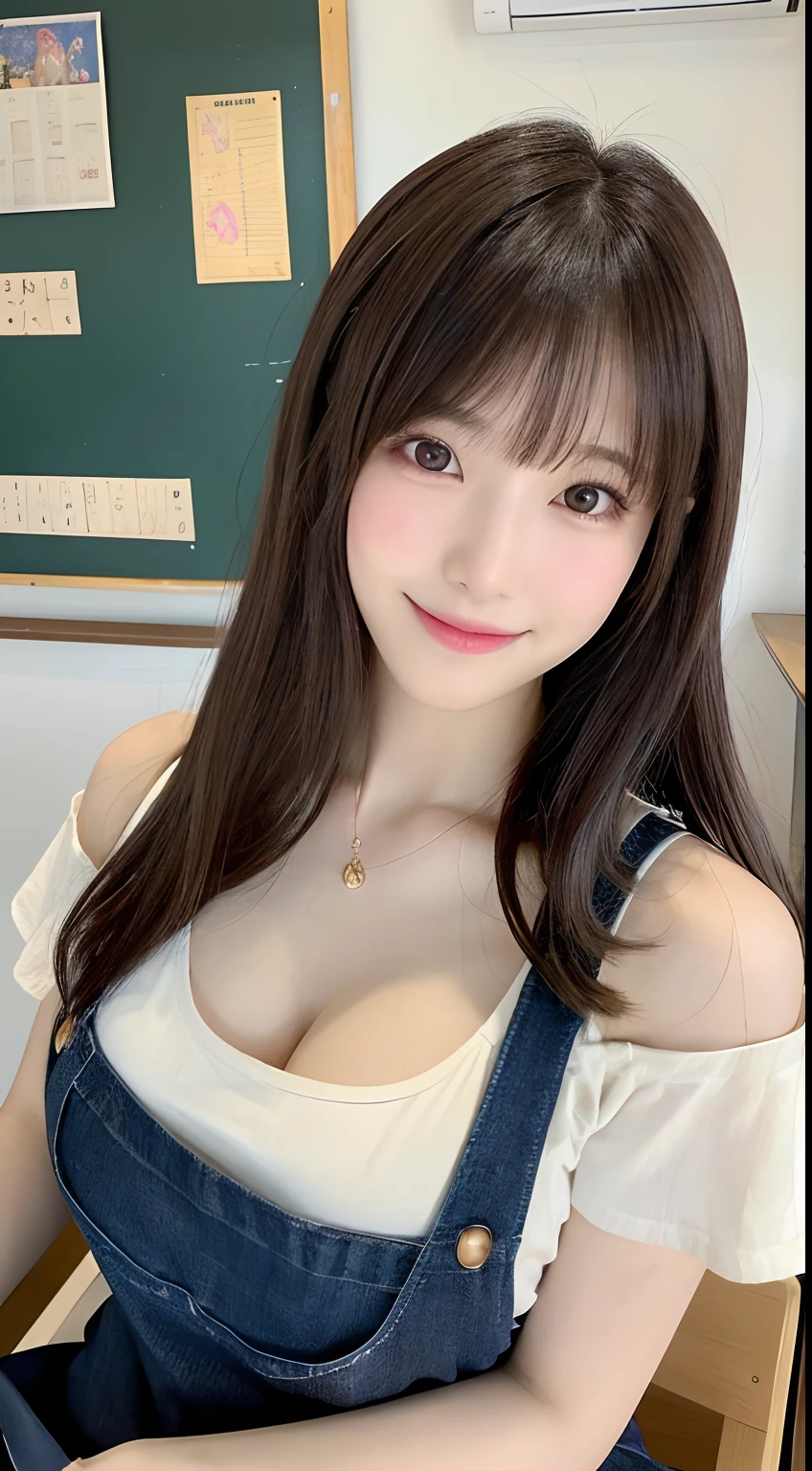 (top-quality,8K picture quality,​masterpiece:1.3,),(超A high resolution,Photorealsitic:1.4,Raw photography),(ultra-detailliert,shinny skin,Detailed skin),(Detailed face,Perfect Anatomy,Caustics),(Front view:1.1),(low angles:1.1),(Slouched:1.2),(Composition from the knee up),ergarten classroom,女の子1人,kawaii,japanes,22year old,Japanese ido,Natural brown hair,shoulder length hair,natural make up,a smile,Looking down at the camera,pinafore,tshirts,large boob,cleavage of the breast,JINS,natural soft light,