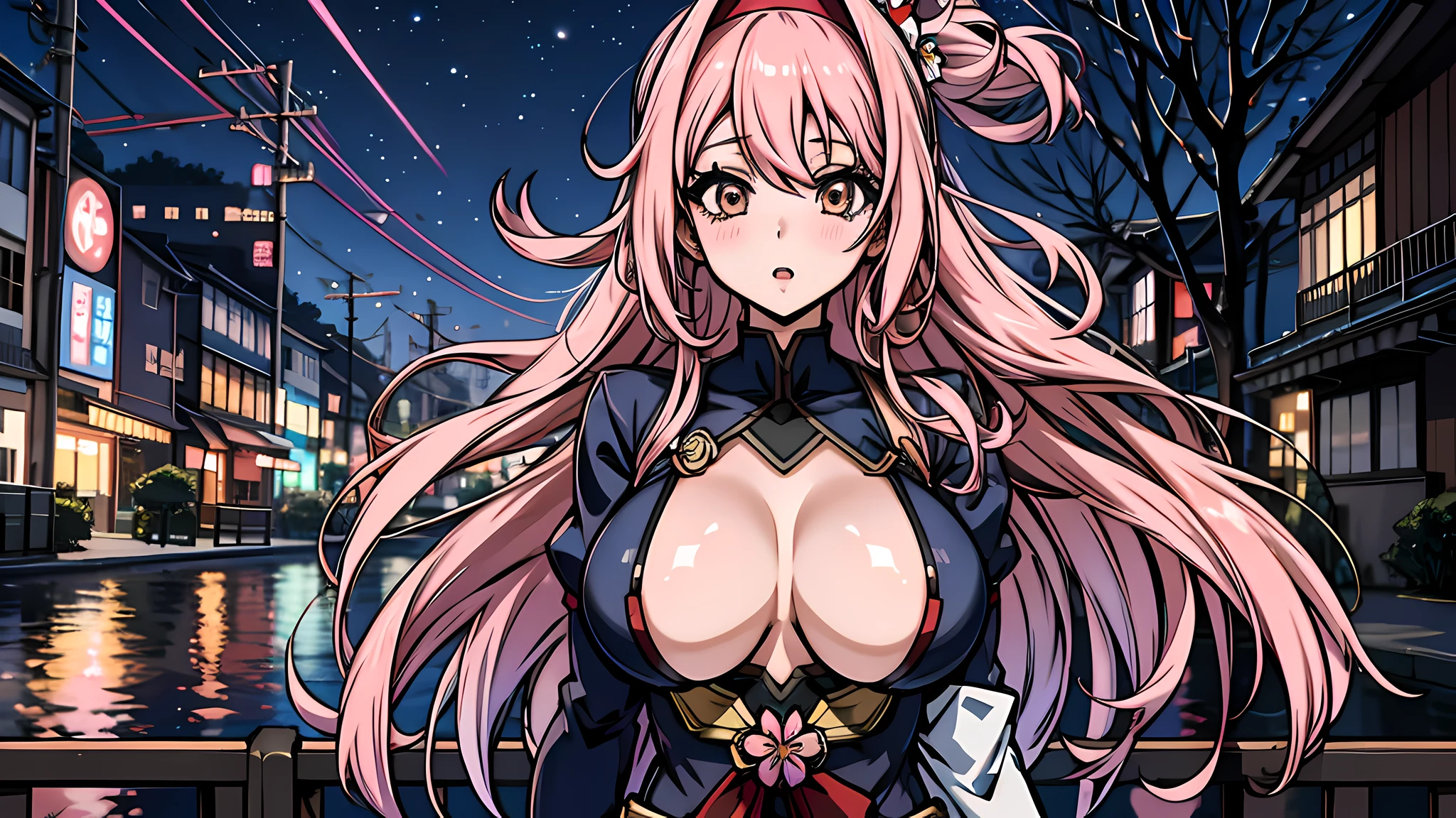 Anime girl with big boos posing in a city at night, anime sedutora, oppai, Melhor Anime 4K Konachan Wallpaper, badass anime 8 k, meninaime feminino, garota anime, menina perfe cabelos brancos, mulher bonita sedutora do anime, Digital anime illustration, arte de anime digital detalhada,(Cherry blossom tree with falling petals, beautiful night sky:1.1), ( Fundo da arquitetura japonesa:1.15)