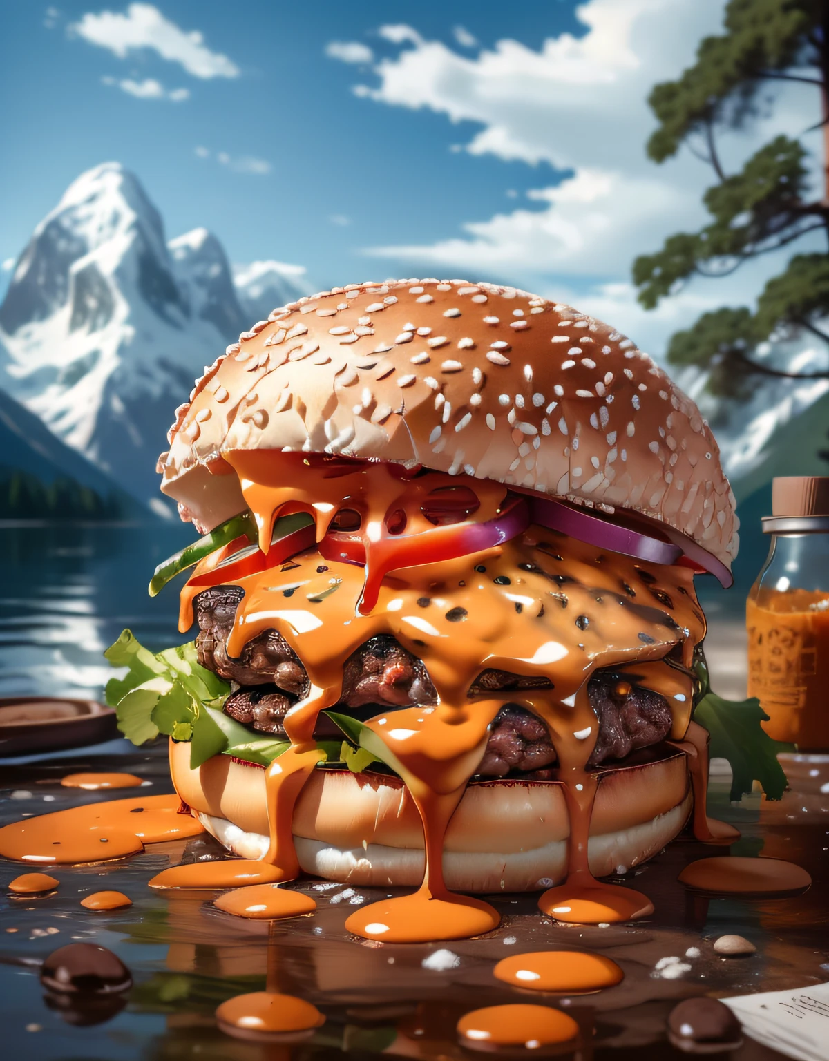 (masterpiece, top quality, best quality, beautiful and aesthetic:1.2), extremely detailed, highest detailed,humburger,burger photo,  white background, scenery, ink, mountains, water, trees