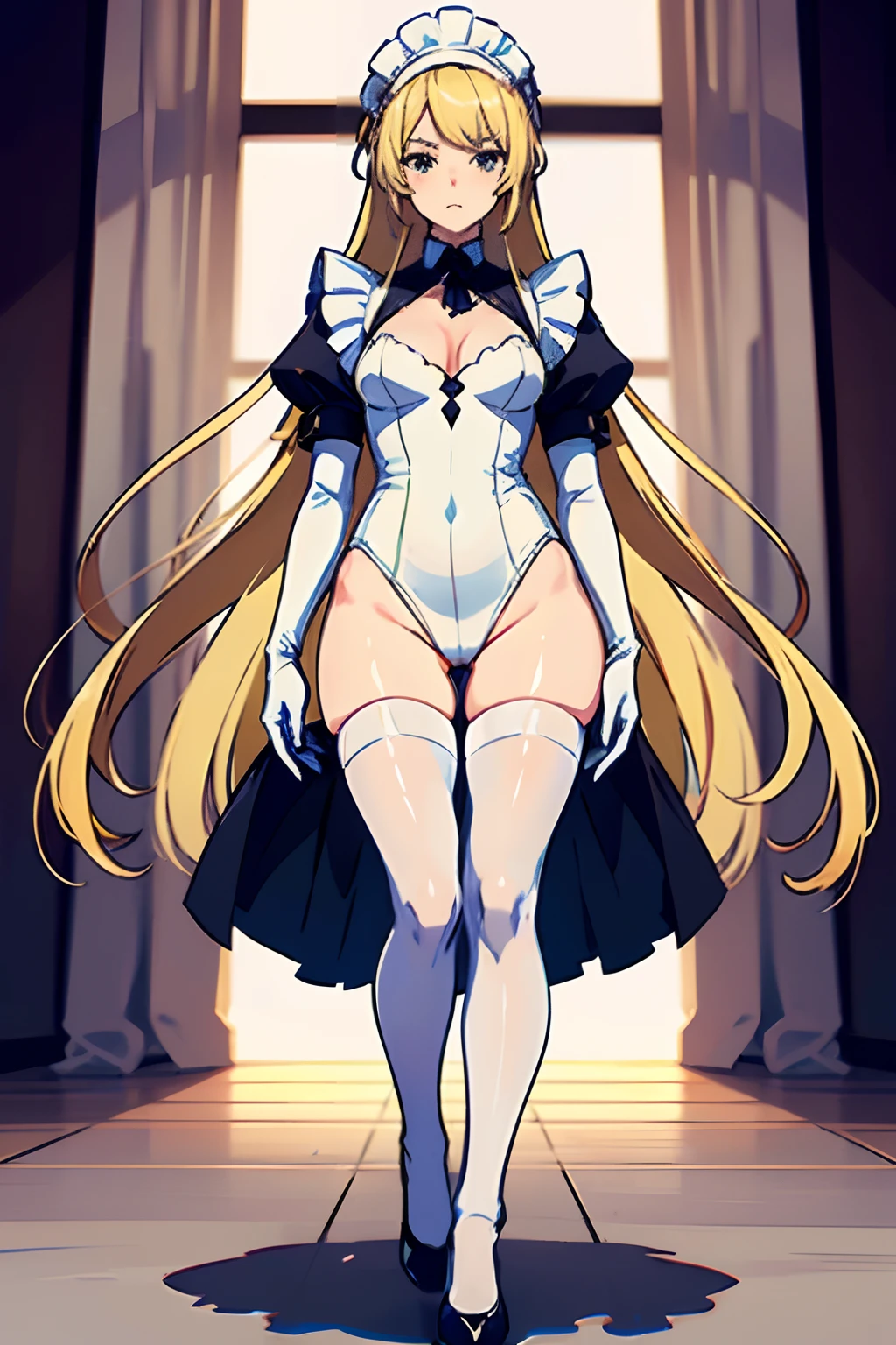 (masutepiece)(high-level image quality):1:3) femele White Long Gloves((blanche)(gloves)) white stockings((blanche)(pantyhose)) leotard(Maids) pumps is standing a blond(short)