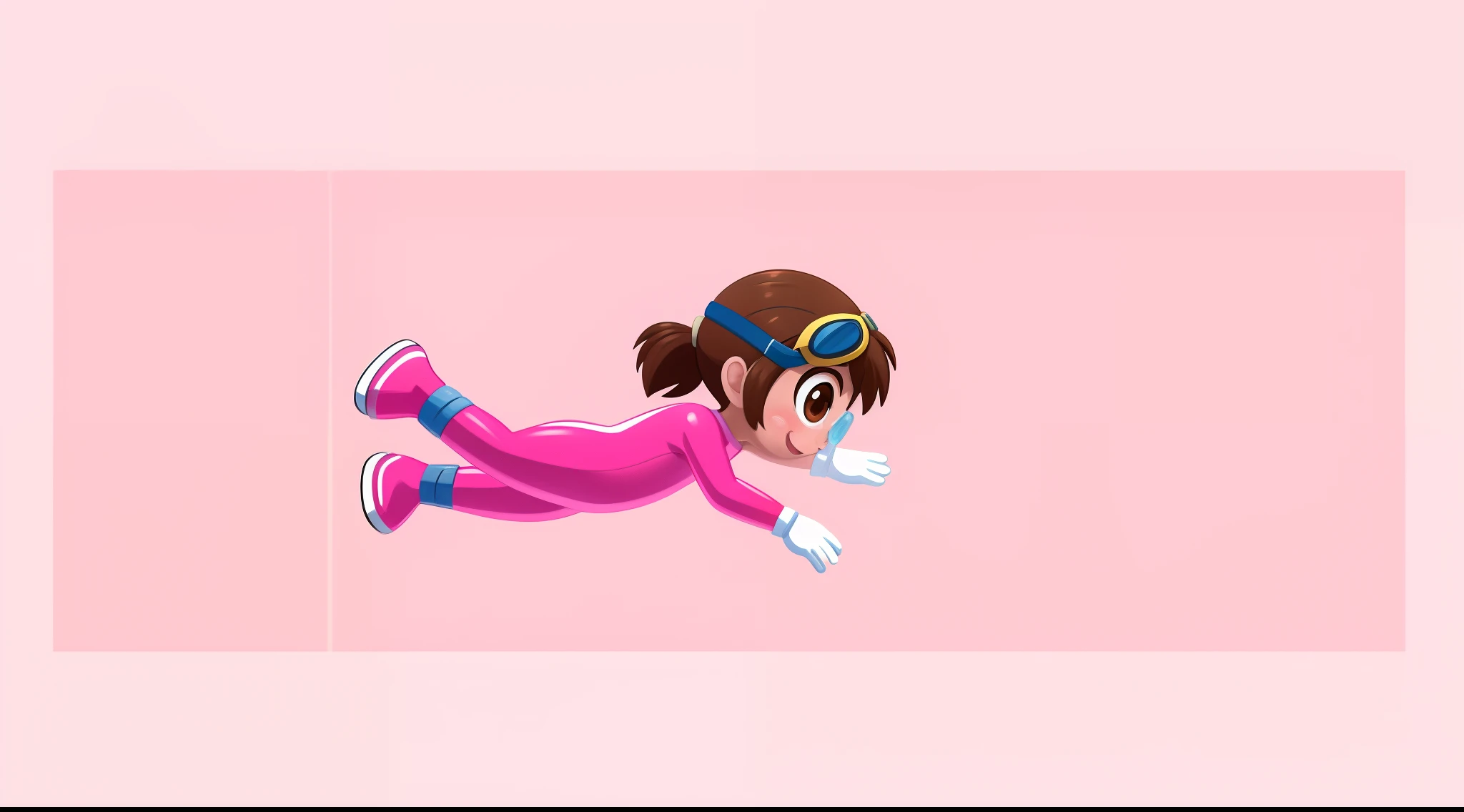 profile image, a single 5 year old girl diving, alone, happy, with brown hair, brown eyes, pink cheeks, pink wetsuit, white gloves, pink shoes, goggles, diving shoes, full body, white background, 2D style children's illustration .