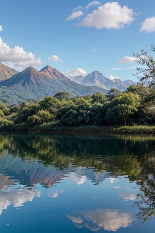 /imagem criar um ceu azul com algumas nuvens com um arcoiris no fundo refletindo no lago