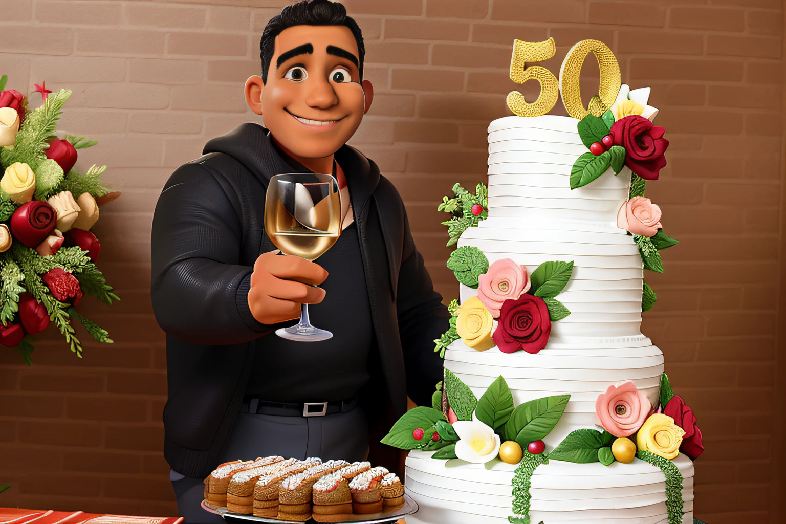 homem negro moreno, gordinho, careca, sorrindo, With a glass of champagne in his hand, com bolo de aniversario ao lado, com numero 50 em cima do bolo