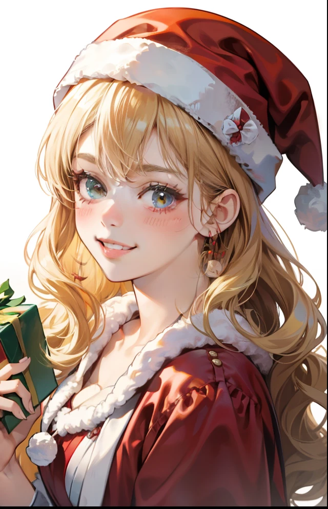 girl with、Background white、without background、a blond、The long-haired、Curly hair、Curly hair、Contrasting bangs、Red One Piece、bow ribbon、Christmas、santa claus、with blush cheeks、Smiling、kawaii、without background