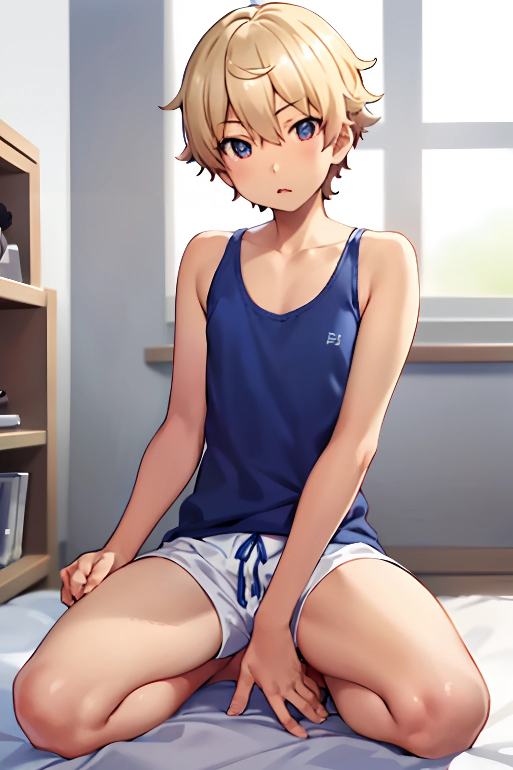 masterpiece, best quality, high quality, 1boy, solo, male focus, looking at viewer, full body, subaru_uchimaki, , tank top, satin white shorts, white spiky hair, blue eye, shorts is so shiny