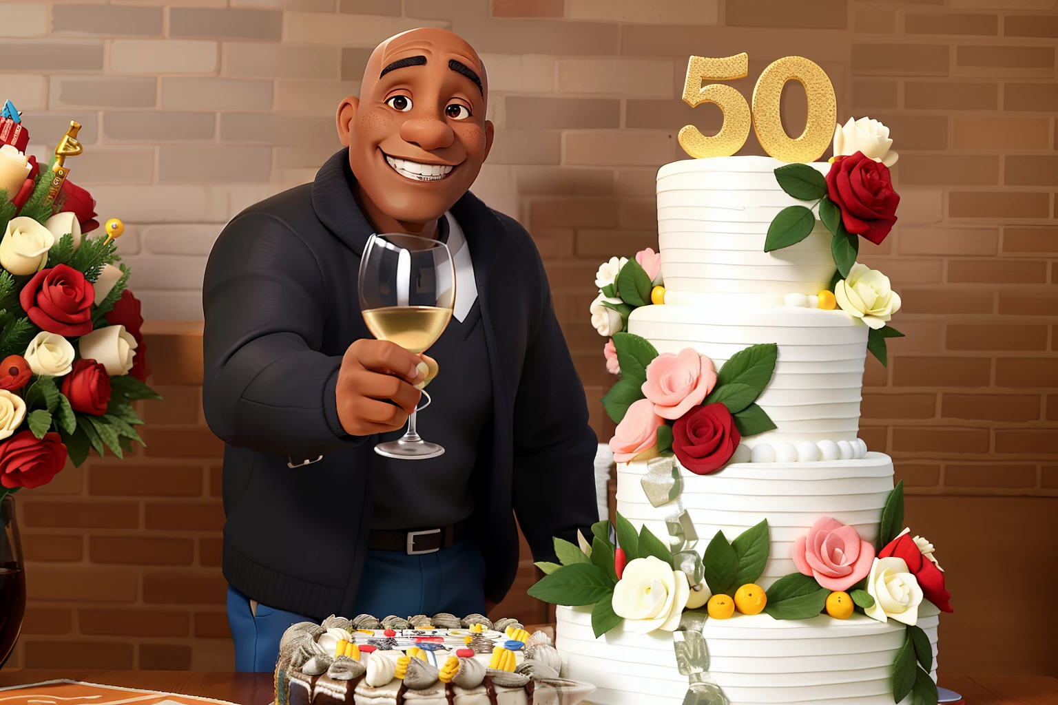 Homem negro moreno, de 50 anos, careca, sorrindo, holding a glass of Champagne, next to a birthday cake, com o numero 50 em cima,