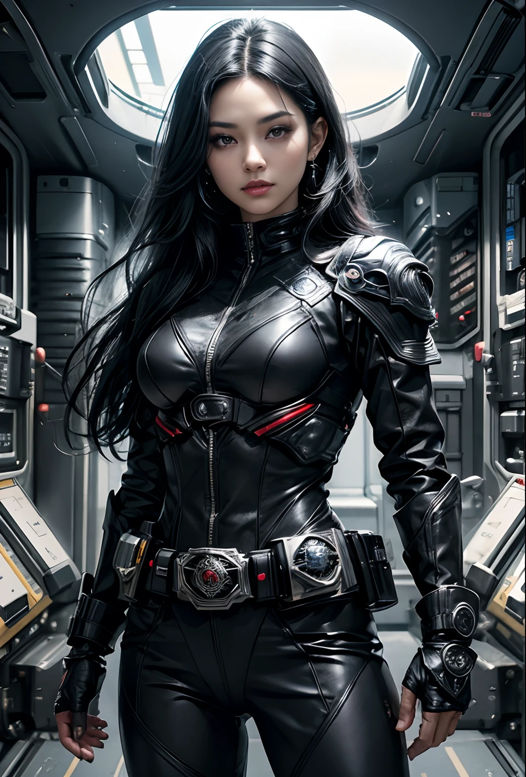 beautiful woman. long black hair. Black eyes. she wears black metallic combat uniform. There is something on his waist that is reminiscent of Kamen Rider's transformation belt. I'm inside a spaceship. 8K image quality. A masterpiece.