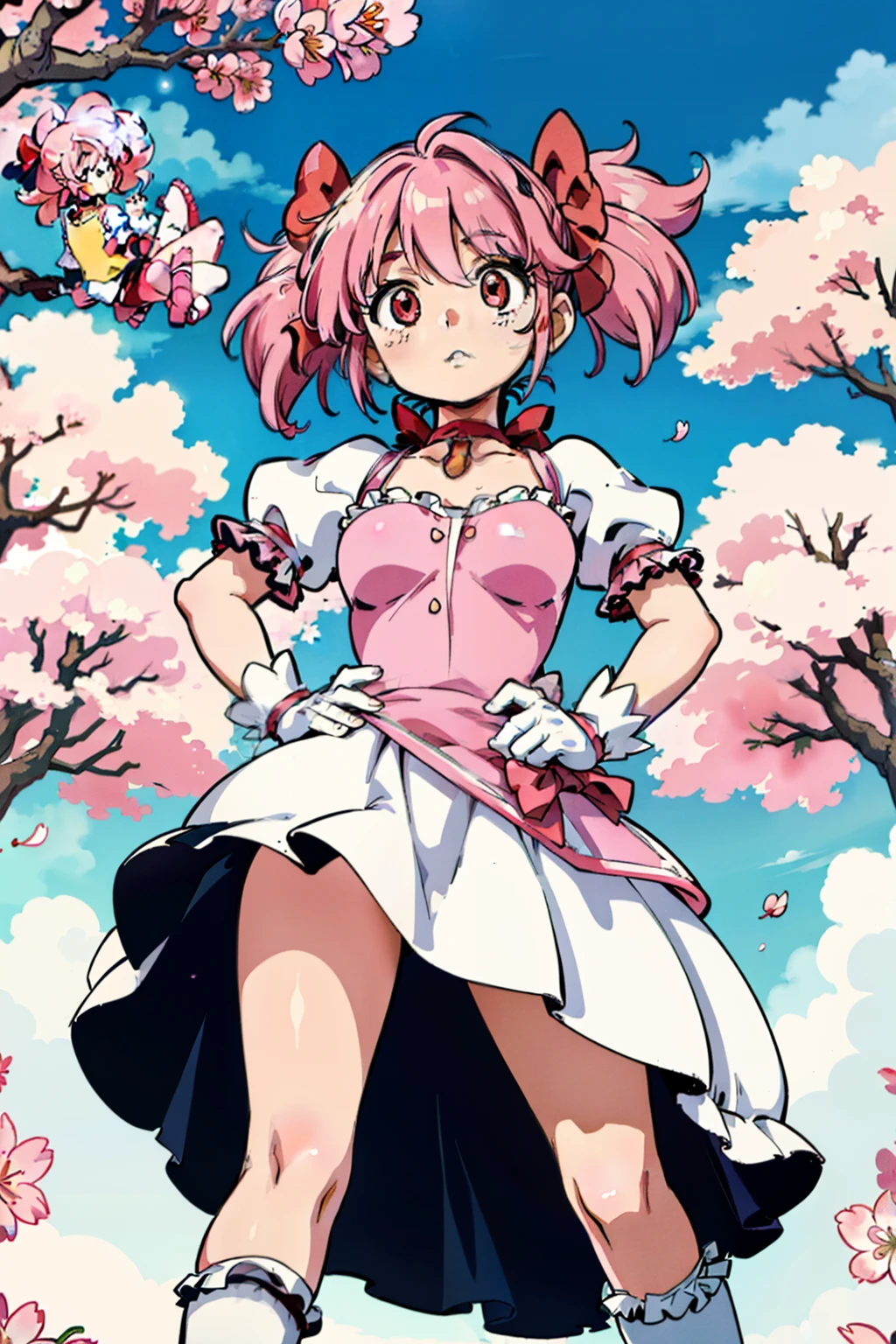 masterpiece, best quality,1girl,pink hair ,red bow,pink eyes, kaname madoka,twintails,gloves, magical girl, choker,  short dress, sunshine, windy, cherry blossoms, cherry blossom garden, hand on hip, bare neck