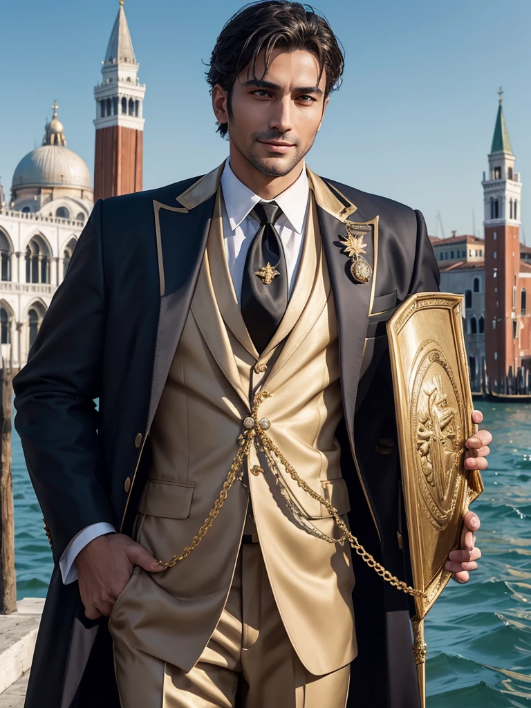 Roman Emperor Constantine the Great resurrected in modern times、Lion-like eyes、Bright and sharp eyes、Deep smile、Harboring dangerous ambitions、Wearing a luxury suit、neck tie、Bold composition、The majesty of a ruler、34 years old、mature、manly、Competent and hard-working、Successful businessman、He holds a holy spear that emits a flash of gold。Gentle and kind、Usually gentle, but cold when necessary、Scenery of Venice、Background of St. Mark's Basilica、Easter season、A glamorous and fantastic costume festival、Modern Fantasy、elegance、opulent、elegan、masterpiece、top-quality、