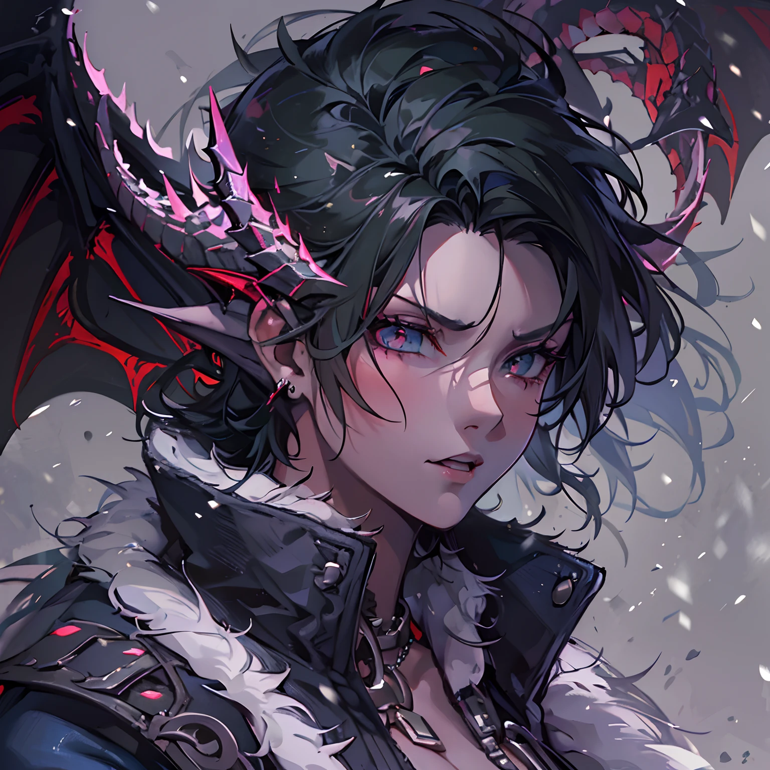 (High resolution, best quality, masterpiece), detailed, ultra detail, 1female, physically fit, curvy, slender body, fierce expression, dark eyes, (detailed eyes), black hair, medium length hair, full body, draconic, (dragon horns), (face: dragon scales), scales in clusters, ((topwear: fur lined coat, bottomwear: tight jeans)), snow background, part draconic, somber expression