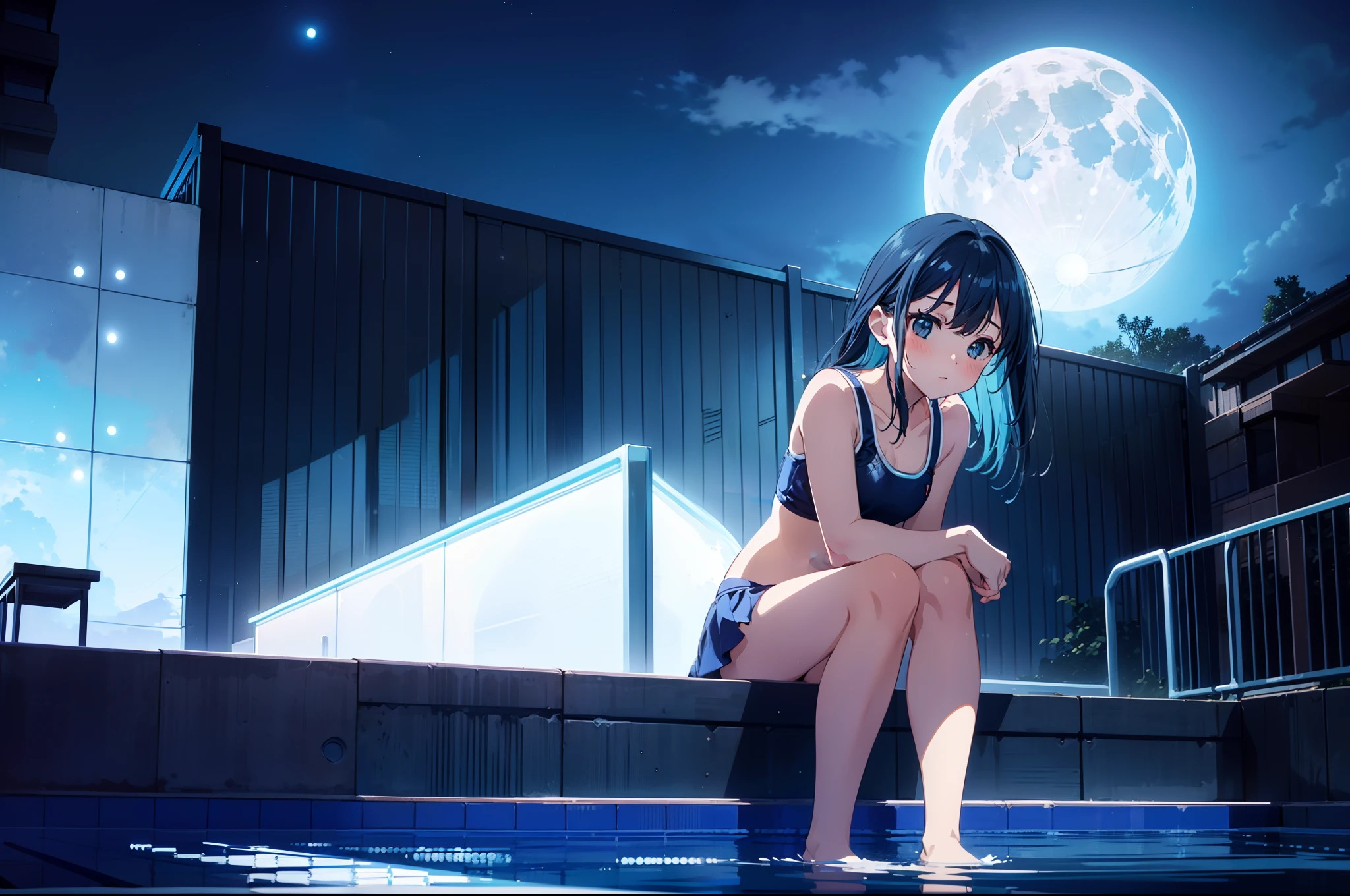 1 cute girl, (school swimwear ), standing in outdoor swimming pool ,(looking up sky), (blue lighting), upper body , character focus , from side, cinematic lighting, night , (background blue full moon)  , ((masterpiece)), ((best quality)), ((ultra-detailed)), (illustration), ((an extremely delicate and beautiful))