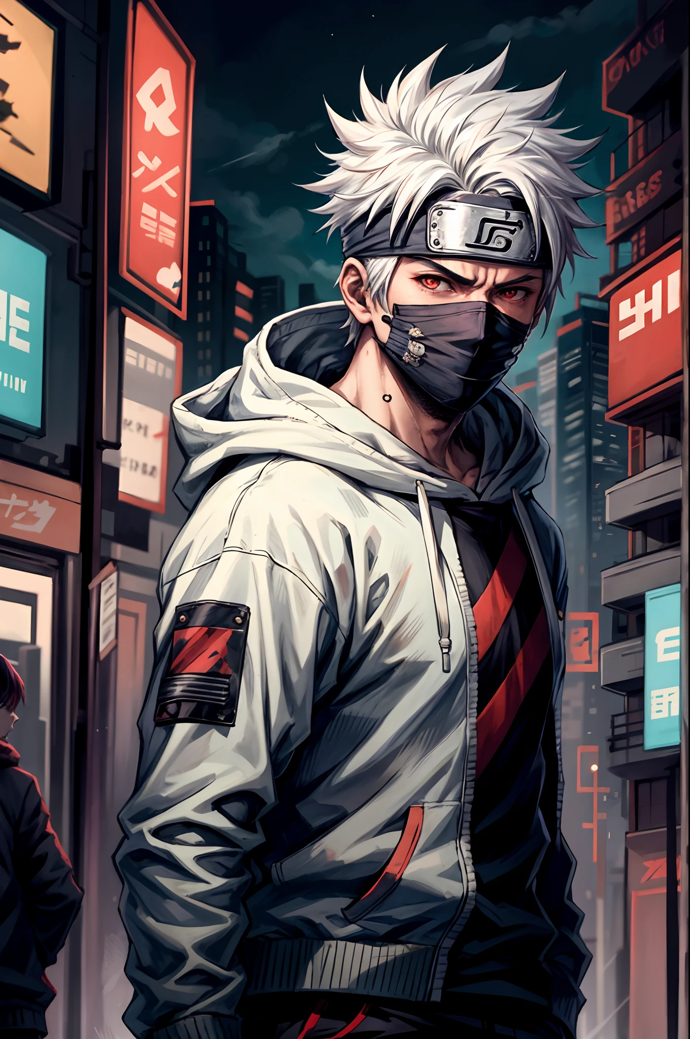 masterpiece, best quality, ultra-detailed, upper body shot, 1man, male focus, Kakashi hatake, wearing Streetwear Hoodie, white hair, Red eyes, Cyberpunk mask, cool attitude, dinamic lighting, vivid colours, Urban Background ,