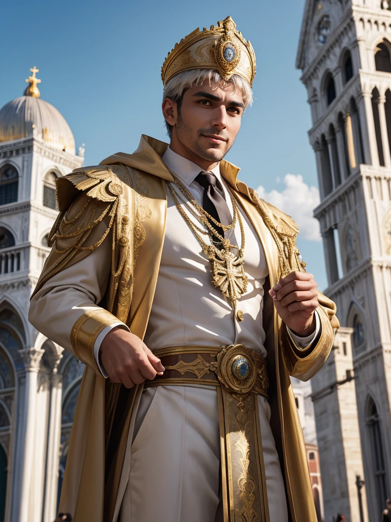 Roman Emperor Constantine the Great resurrected in modern times、Lion-like eyes、Bright and sharp eyes、Deep smile、Harboring dangerous ambitions、Wearing a luxury suit、neck tie、Bold composition、The majesty of a ruler、34 years old、mature、manly、Competent and hard-working、Successful businessman、He holds a holy spear that emits a flash of gold。Gentle and kind、Usually gentle, but cold when necessary、Scenery of Venice、Background of St. Mark's Basilica、Easter season、A glamorous and fantastic costume festival、Modern Fantasy、elegance、opulent、elegan、​masterpiece、top-quality、