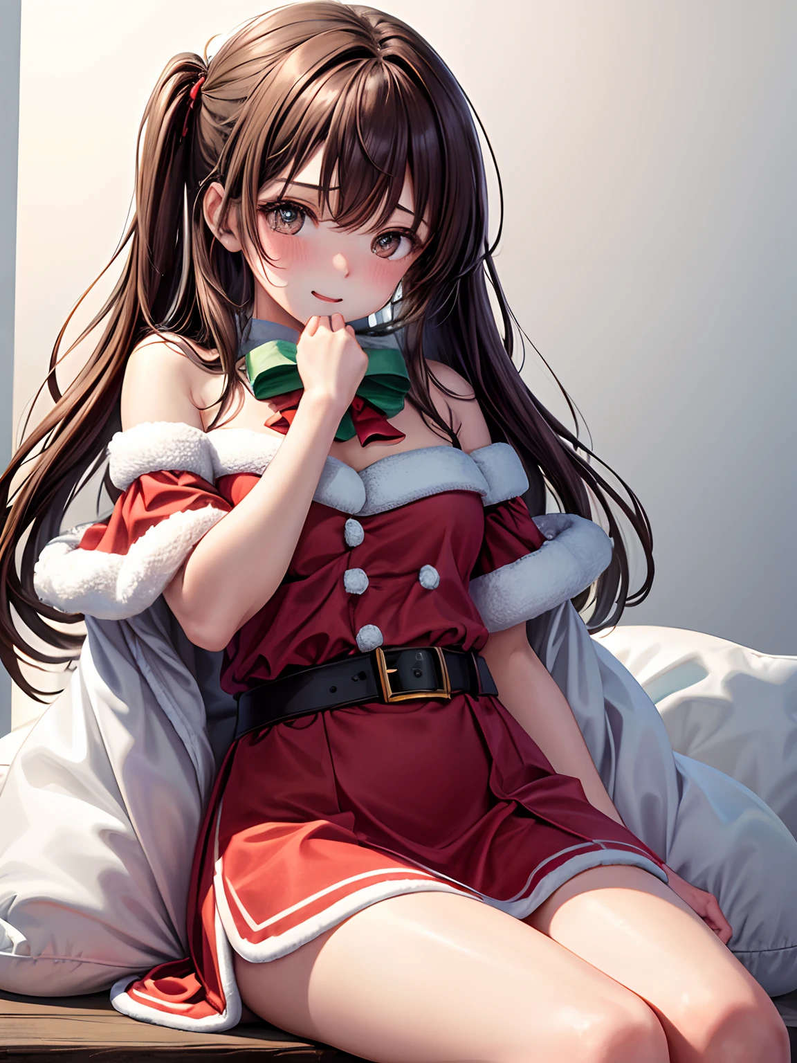 1womanl、1male people、Brown hair、Brown eyes、Best Quality、ultra-detailliert、8 Resolution、Raw photo、masutepiece、Perfect body、high-level image quality、top-quality、Detailed drawing、Vibrant colors、18year old、cute little、up of face、Christmas、Girl dressed as Santa Claus、seductive boobs、Male and female couples、girl sitting on a boy's lap。Girl straddling a boy。Mash Cut Boys。Boy's provocative gaze、The girl has a shy look、 Blushing,embracing each other、lovey-dovey、Flirting、Kiss between man and woman、
