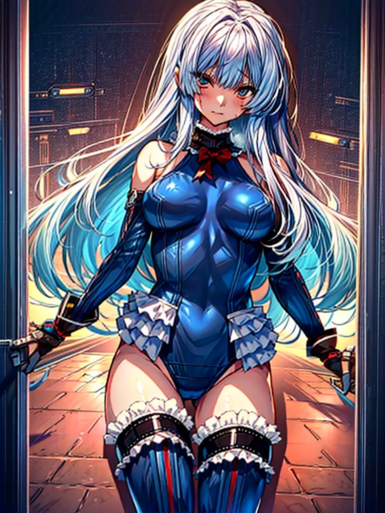 (1girl in,  (digital) ( (In a futuristic training facility), ??????????????, (fril swimsuit, thighs thighs thighs thighs, Detached sleeves)) , Best Quality, marierose,、Hypnorola
Eyes in the sky、1girl in,Emotionless facial expressions,,Blood all over the body