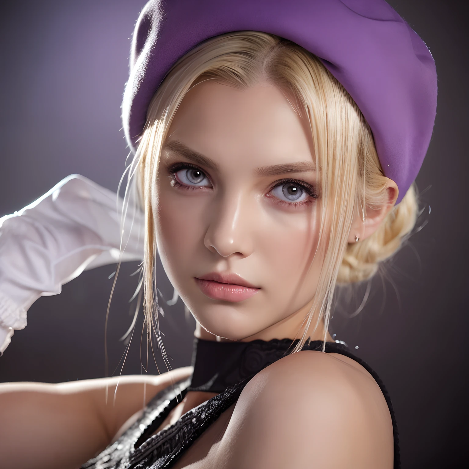 Z23,, Textured skin, 8K, Beautiful detailed eyes, Cinematic lighting, beautifull detailed face, Ultra-detailed, world masterpiece theater, Cinematic lighting,, 1girl in, Solo, Blonde hair, Purple eyes, Hair Bow, White shirt, beret, Bare shoulders, gloves, Iron Cross, Bike Shorts, :D, arm band, White Gloves, Cowboy Shot,