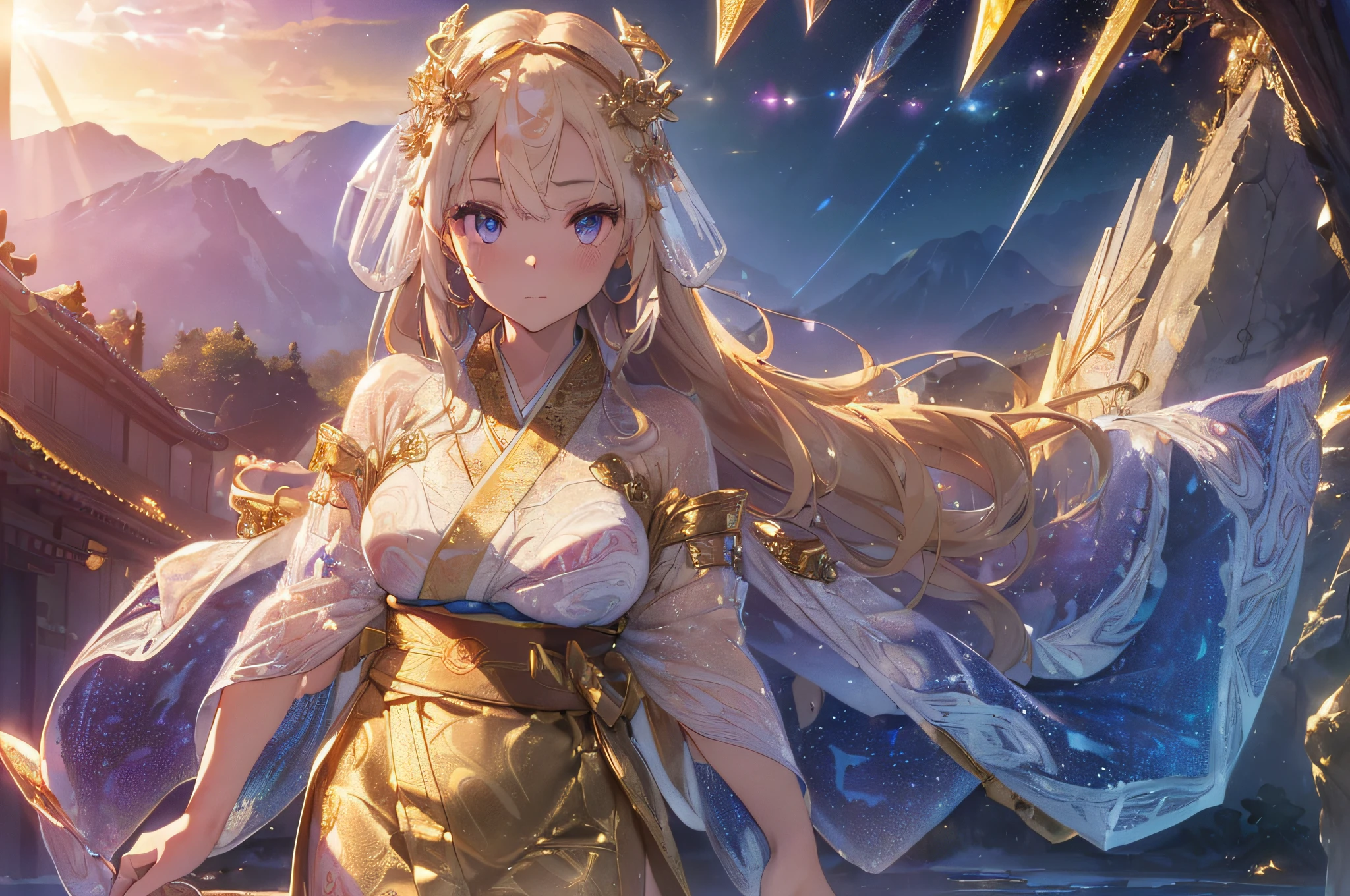 (white back ground:1.3), ((masterpiece,photo-realistic)), (detailed Goddess of Amaterasu:1.3), magnificent view, (solo:1.5), (standing:1.5), gentle breeze, Dazzling atmosphere, glows ultra-detailed deep indigo eyes, gradient eyes, finely detailed beautiful eyes, symmetrical eyes, (big highlight on eyes), ((perfect anatomy,perfect hands)),(left hand holding sword:1.3), glasssculpture, translucent,(transparent:1.3),(crystal clear:1.2),full body,(a crystal statue of girl:1.5), crystal clothes:1.3, delicate facial features, (wearing gold foil marbling colored crystal surface lace hagoromo robe:1.6), whole body, (magnificent mountain hill valley:1.3), (detailed deep purple eyes:1.2), (Serious,closed mouth,emphasis of facial expression:1.3), (front view), (detailed god of amaterasu standing on the cloud above the sky,aerial view:1.3), majestic, (wearing crystal lace long kimono, colored gold foil marbling marbled patterns surface, split-color cloth:1.7), (detailed radial golden hair ornament:1.3), (subjective perspective),(light-shadow symmetry),(sunrise,sun light,Rim lighting:1.2),(nudity:0.5),(Crepuscular rays,god back ground :1.5).