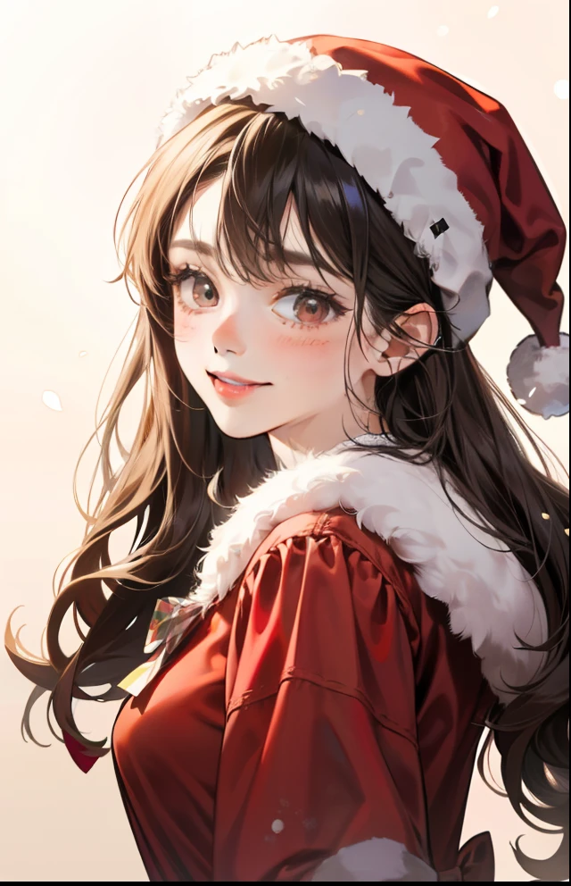 girl with、Background white、without background、A dark-haired、The long-haired、Curly hair、Curly hair、Contrasting bangs、Red One Piece、bow ribbon、Christmas、santa claus、with blush cheeks、Smiling、kawaii、without background