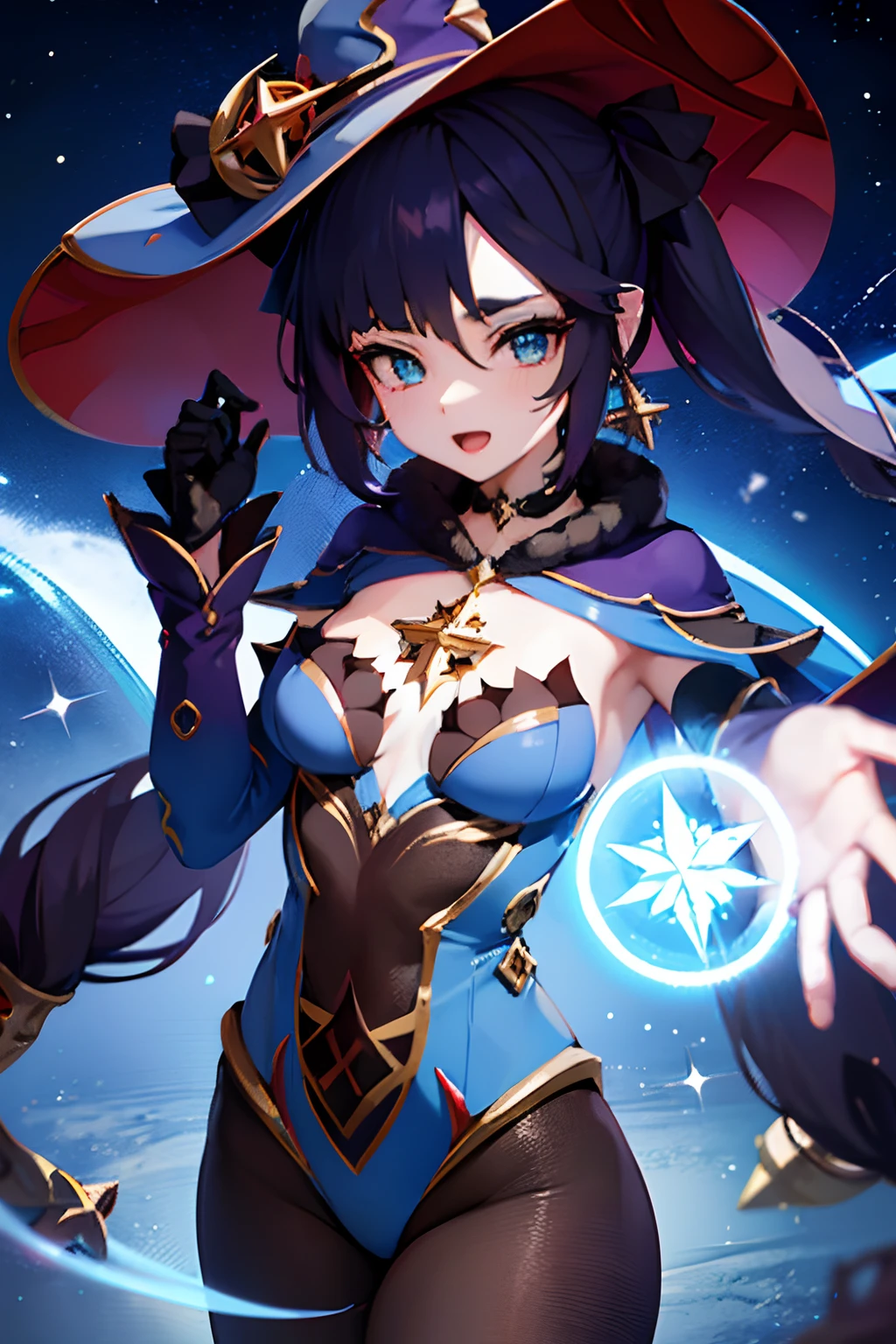 girl,Beautiful breasts,Smile with open mouth,A dark-haired,Twin-tailed,Top image quality,Best Quality、big blue hat、Black tights、Luminous magic circle、S starrysky、Pale translucent magic circle、Pale blue flash
