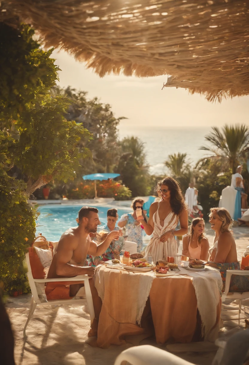 SFW scene of a pool party with blue water, beautiful lawn, strong sun, tables with colorful umbrellas, beach chairs and sun loungers with people lying down wearing swimwear and sunbathing, some people are having tropical drinks, plastic floats inside the pool colorful, in the water children playing with floats, and in the background of the scene a person is preparing a barbecue on a barbecue and at this moment, he is placing a piece of barbecue next to the salad on a pretty girl's plate