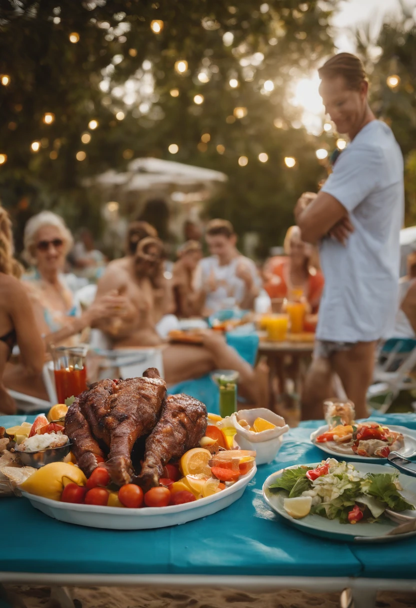 SFW scene of a pool party with blue water, beautiful lawn, strong sun, tables with colorful umbrellas, beach chairs and sun loungers with people lying down wearing swimwear and sunbathing, some people are having tropical drinks, plastic floats inside the pool colorful, in the water children playing with floats, and in the background of the scene a person is preparing a barbecue on a barbecue and at this moment, he is placing a piece of barbecue next to the salad on a pretty girl's plate