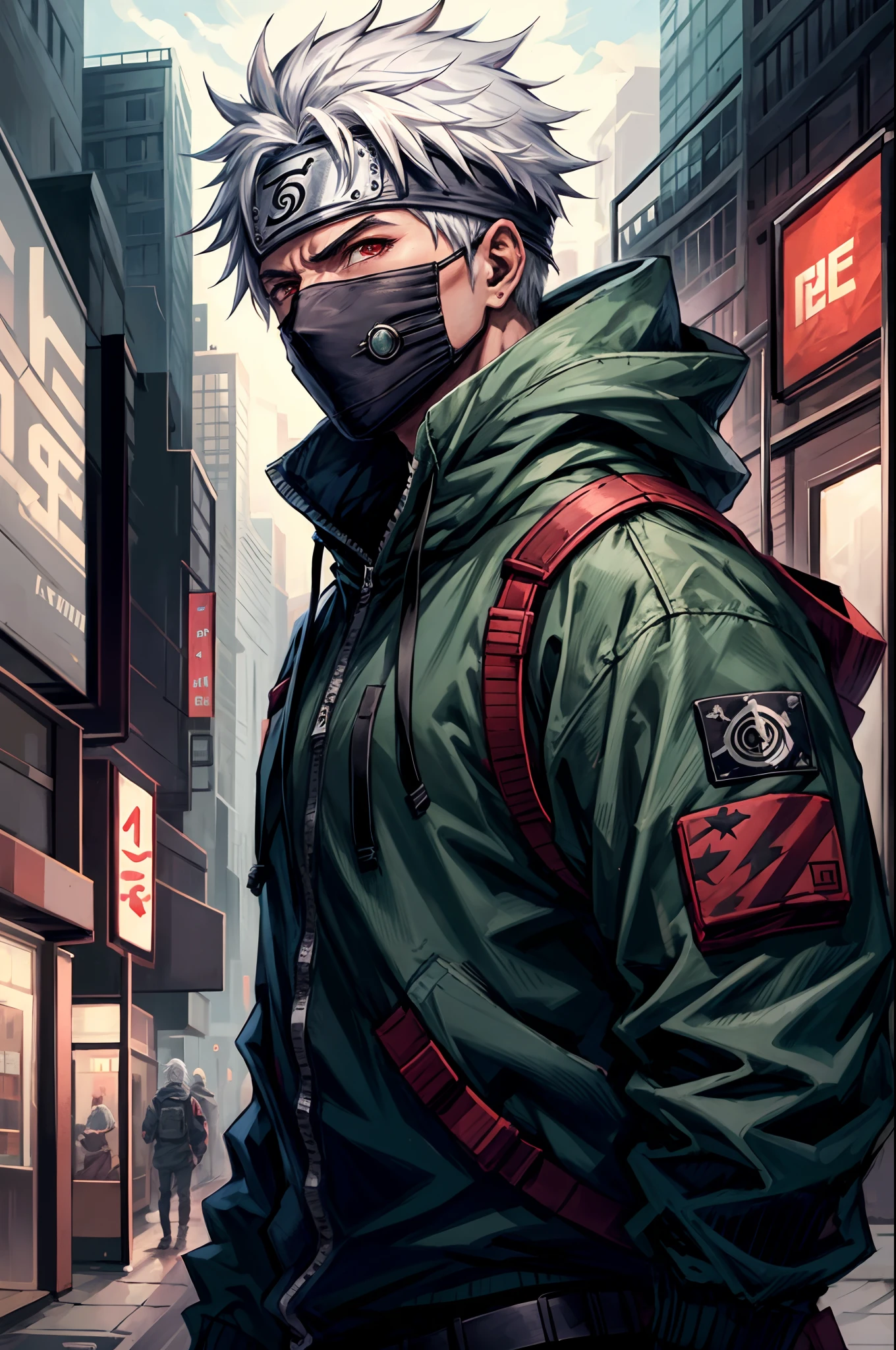 masterpiece, best quality, ultra-detailed, upper body shot, 1man, male focus, Kakashi hatake, wearing Streetwear Hoodie, white hair, Red eyes, Cyberpunk mask, cool attitude, dinamic lighting, vivid colours, Urban Background ,