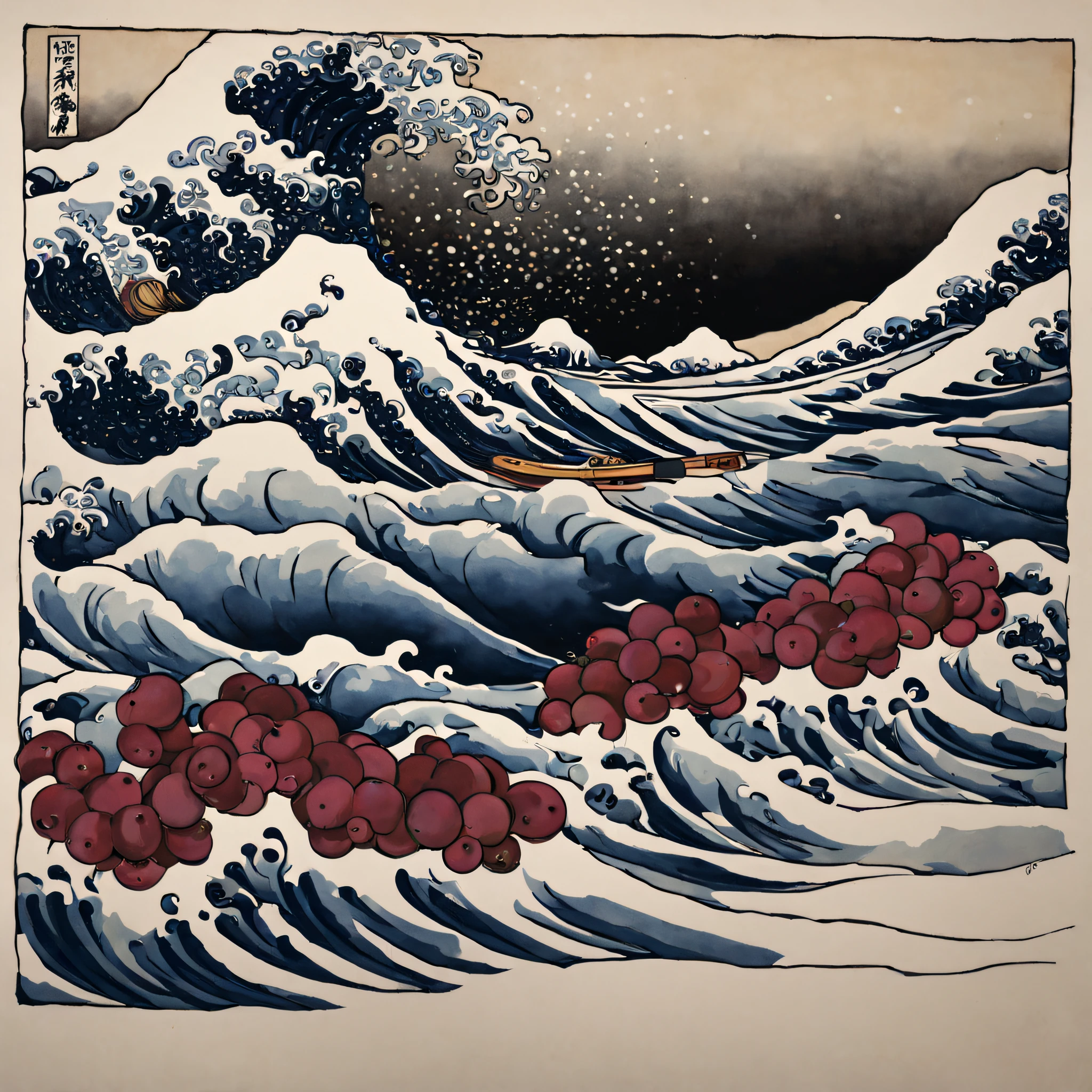 The Great Wave off Kanagawa, with a lot of black plums and rhubarb in the water