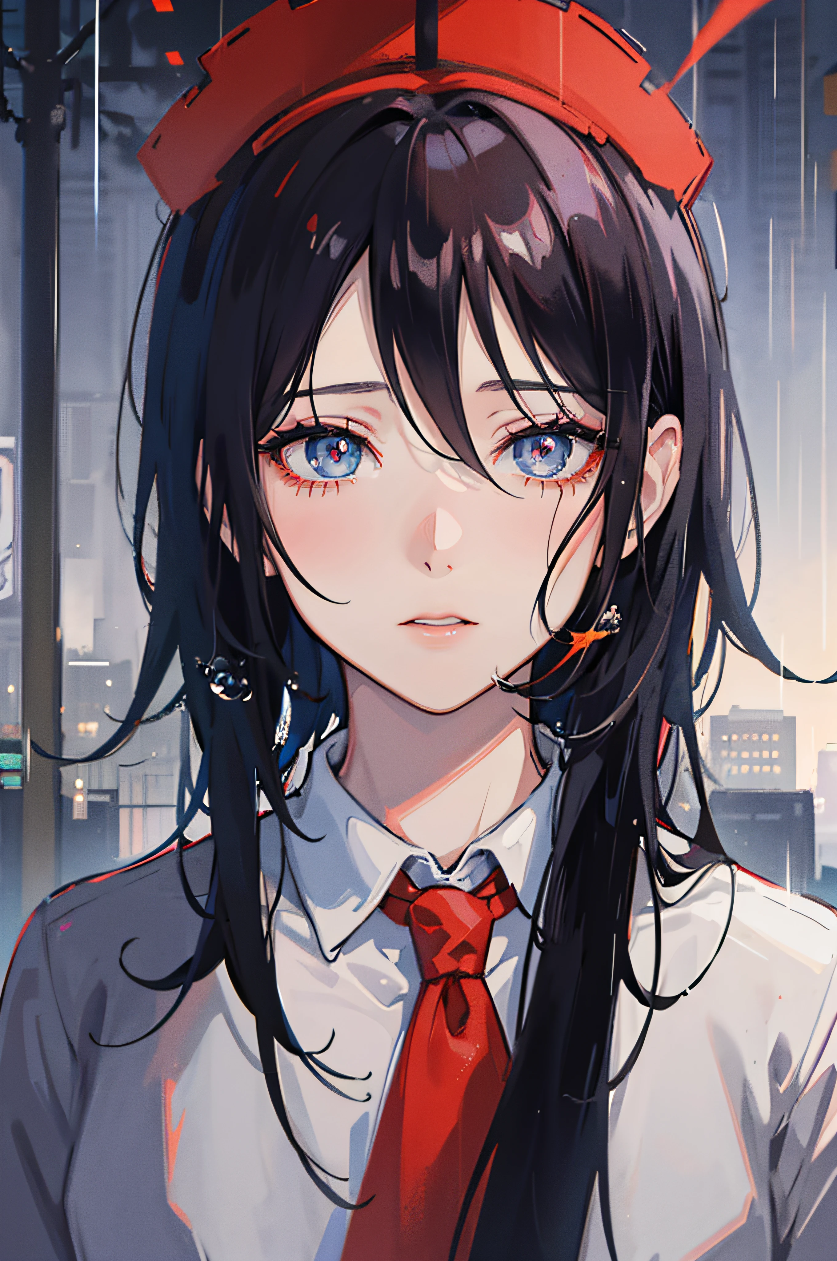 Anime guy standing in the rain smoking, There are drops of pop art on his face, still from anime, portraite of a, Hand holding cigarette, Eyes look into the distance, profile, waist up portrait, dark colored hair, sadly, Partial Color Saturation, City Street, urban style