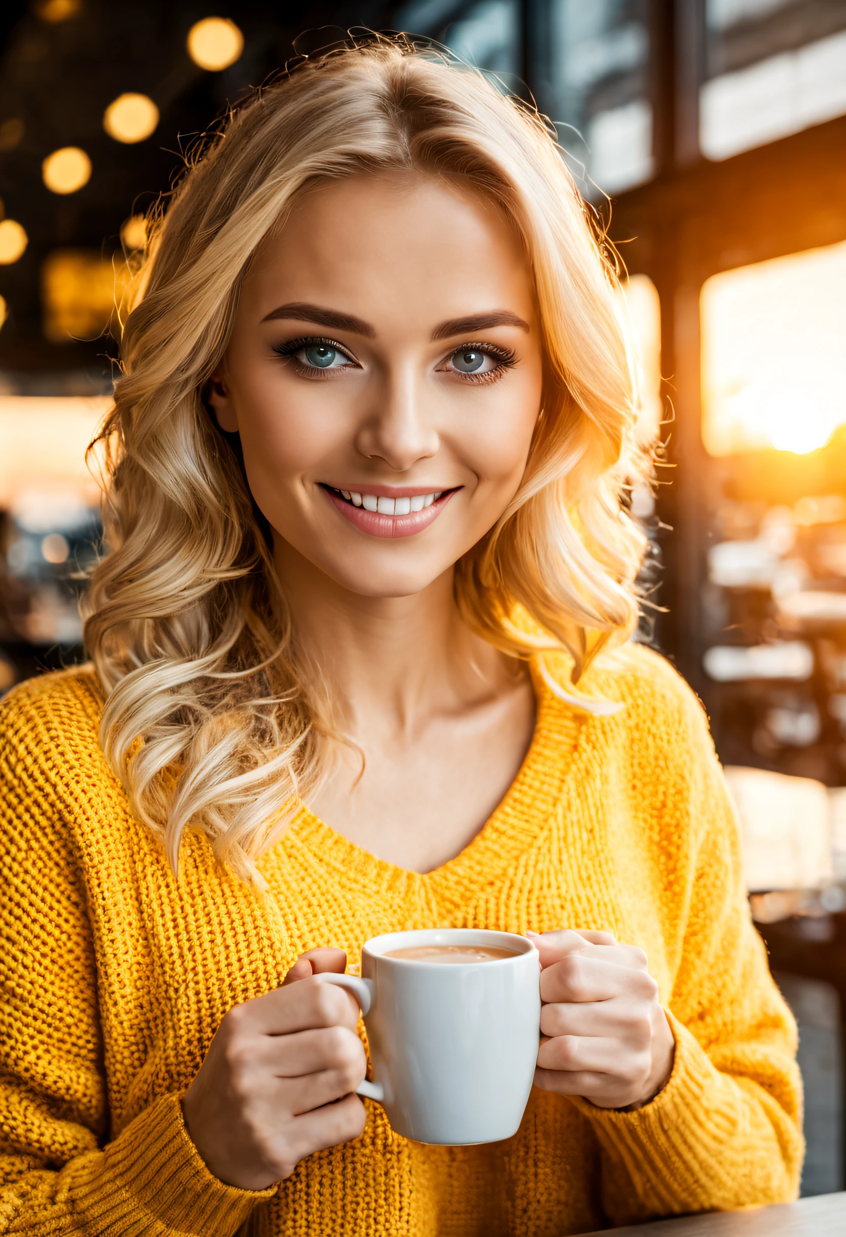 Cute beautiful blonde with yellow sweater (Drinking coffee in a modern café at sunset), sehr detailliert, 14 Jahre alt, unschuldiges Gesicht, naturally wavy hair, blaue Augen, high-res, Meisterwerk, best qulaity, komplizierte Details, sehr detailliert, scharf Fokus, detaillierte Haut, realistische Hauttextur, Textur, detaillierte Augen, professionell, 4k, charming smile, aufgenommen mit Canon, 85 mm, light depth of field, Kodak Vision-Farbe, perfectly fitting body, extrem detailliert, Foto_\(ultra\), fotorealistisch, realistisch, Nachbearbeitung, maximale Details, Rauheit, echtes Leben, ultrarealistisch, Fotorealismus, Fotografie, 8k uhd, Fotografie