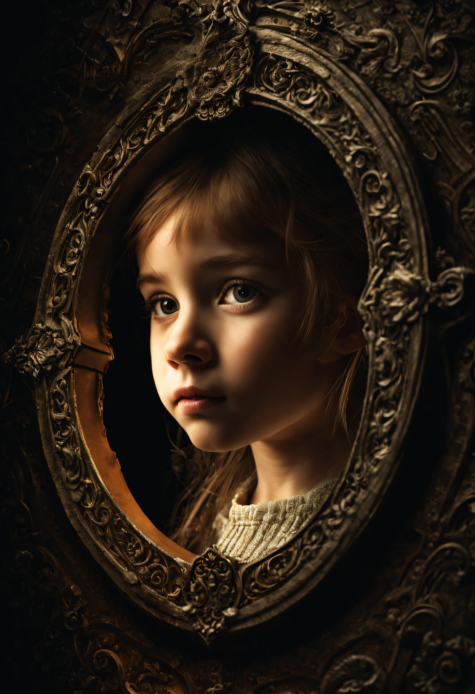 Enigmatic, young girl looking into the keyhole. ultra detailed face sideways, ultra detailed eye, darkness, (((light only through the keyhole))), intricate details, ultra realistic, hdr, dark room in background