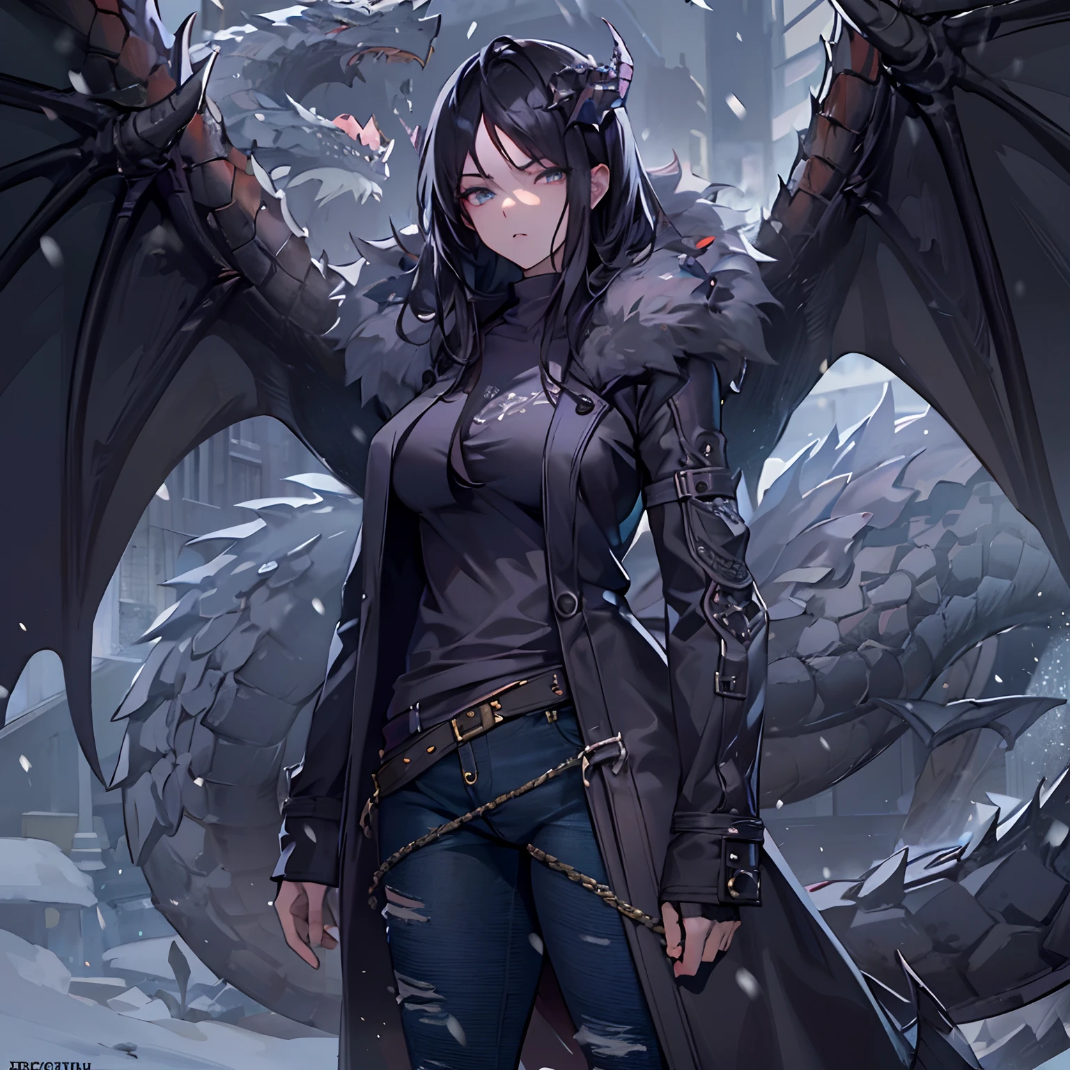 (High resolution, best quality, masterpiece), detailed, ultra detail, 1female, physically fit, curvy, slender body, fierce expression, dark eyes, (detailed eyes), black hair, medium length hair, full body, draconic, (dragon horns), (face: dragon scales), scales in clusters, ((topwear: fur lined coat, bottomwear: tight jeans)), snow background, part draconic, somber expression