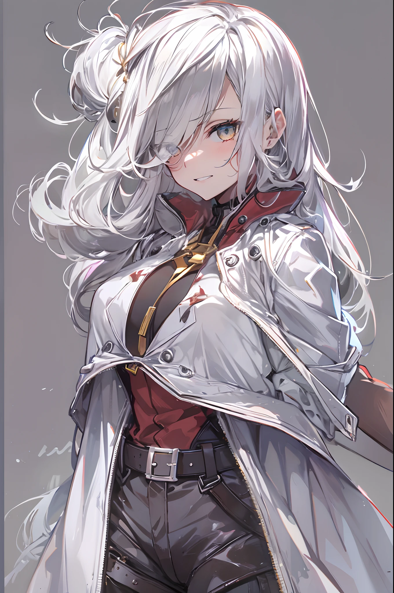 1girl, {solo}, upper body ,{{ {looking at viewer}}}, arm at side, concept art, white background, simple background, white hair, silver gradiient hair , complex cloth, asymmetrical clothes, virtual youtuber, best quality, masterpiece, dynamic angle, guilty gear, guilty gear, guilty gear, cowboy_shot, looking_back, grabbing, girl,woman,female, young,20 years old, very long hair, flipped hair, silver hair, flowing hair, ahoge, smirk, beautiful and delicate golden eyes, teeth, medium_breasts, blonde eyes, white skin, coat, hoodie, black_shorts, grey Clothes, transparent_background, backlighting, absurdres, highres, ultra detailed,