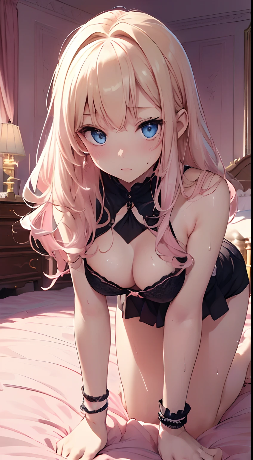 top-quality、Top image quality、tmasterpiece、Girl vs((18yr old、 White underwear、Best bust、Bust 85、The blonde、Semi-long、Blue eyes、Open chest wide、valley、blissful、Black wristband on the wrist、slenderness、耳Nipple Ring、The whole body is wet、wetting hair、embarrased face、on the floor on all fours、on top of the bed))hiquality、Camera film style、Background with((The room was beautiful at night、pink lighting))、masutepiece、Cool style、carefully designed、visual art