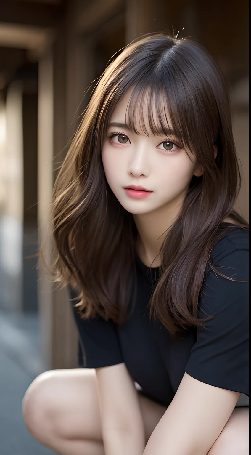 finely detail, hight resolution, hightquality、Perfect dynamic composition, Beautiful detailed eyes, Medium Hair, Colossal tits 、Natural Color Lip, Squatting,Kamimei、Shibuya、college aged、1 persons、Transparent skin、Glowing hair、masutepiece, Best Quality, Illustration, Ultra-detailed, finely detail, hight resolution, 8K