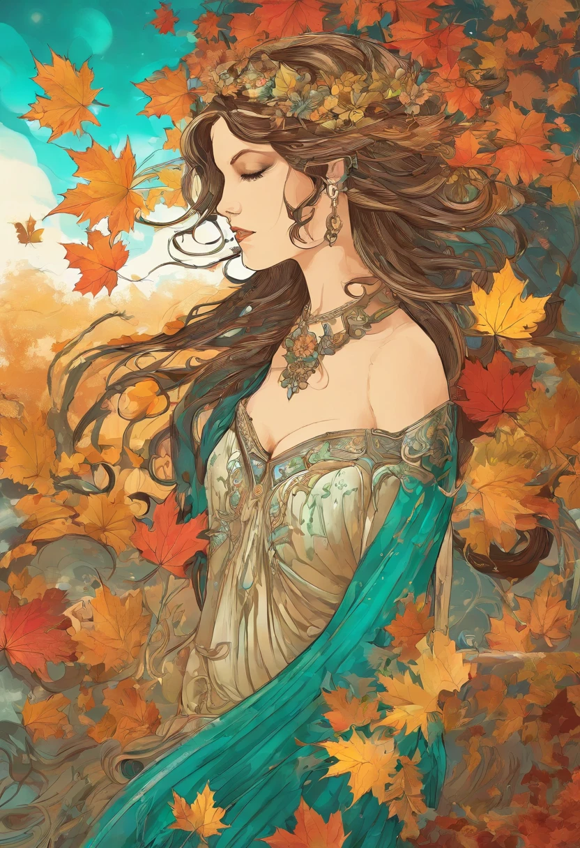 fall leaves,maple leaves,waterfallr,rivulets,Foggy,Rochas,mossy,Woman's back,The turquoise stream is choppy,The thunderous sound of water,Beautiful。Ultra HD Digital Art 3D